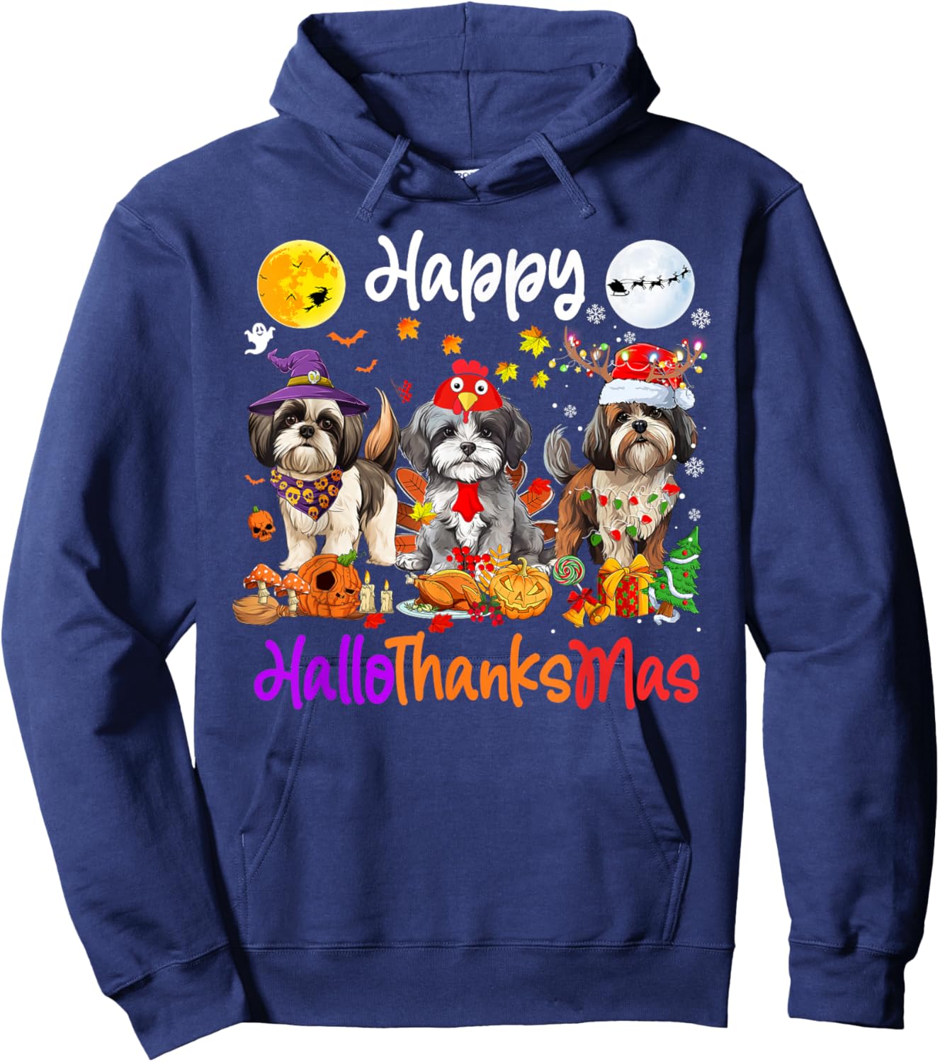 Halloween Thanksgiving Christmas Shih Tzu Dog Hallothanksmas Hoodie - Hoodie | Navy