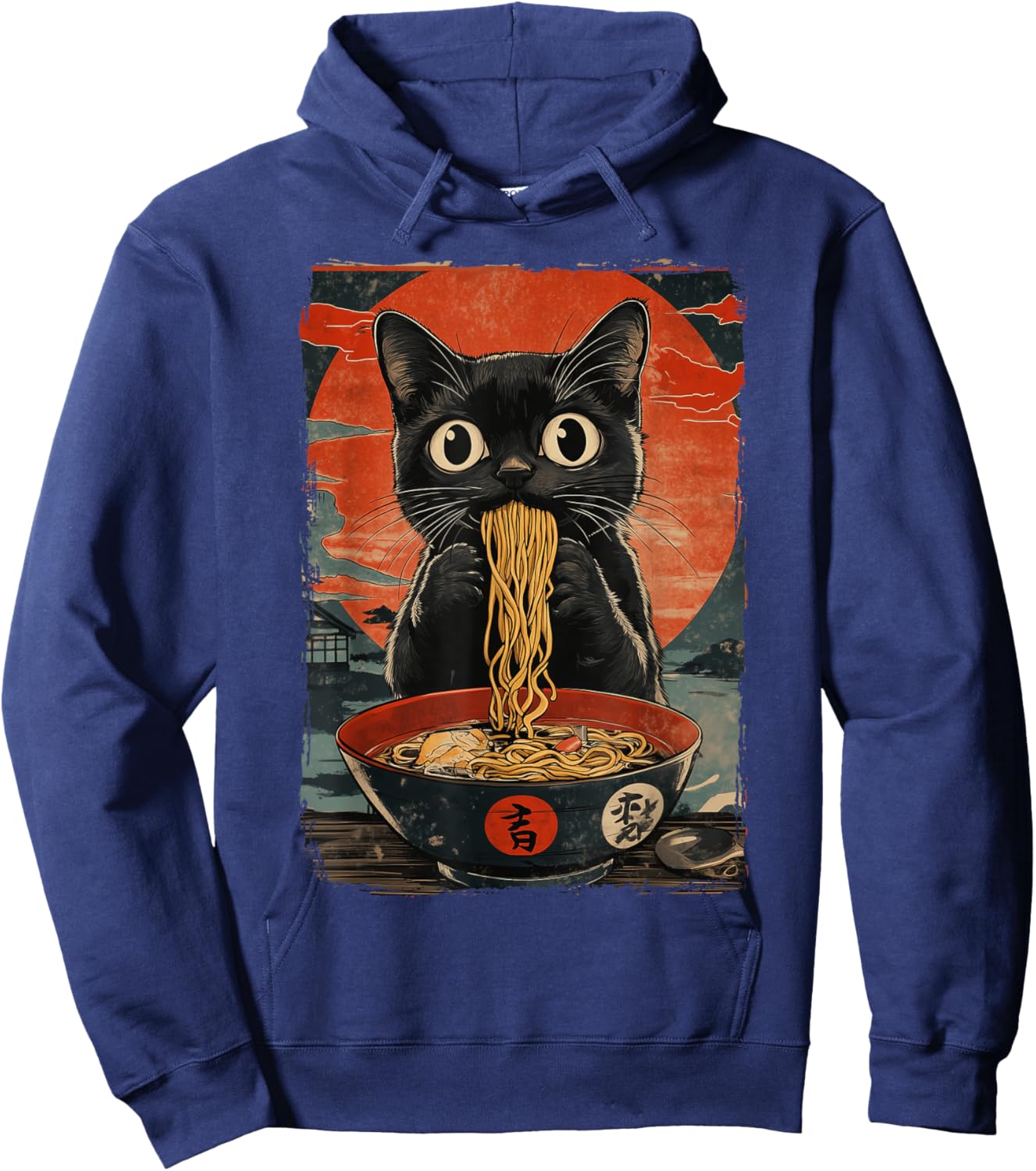 Black Cat Eating Ramen Vintage Hoodie - Hoodie | Navy