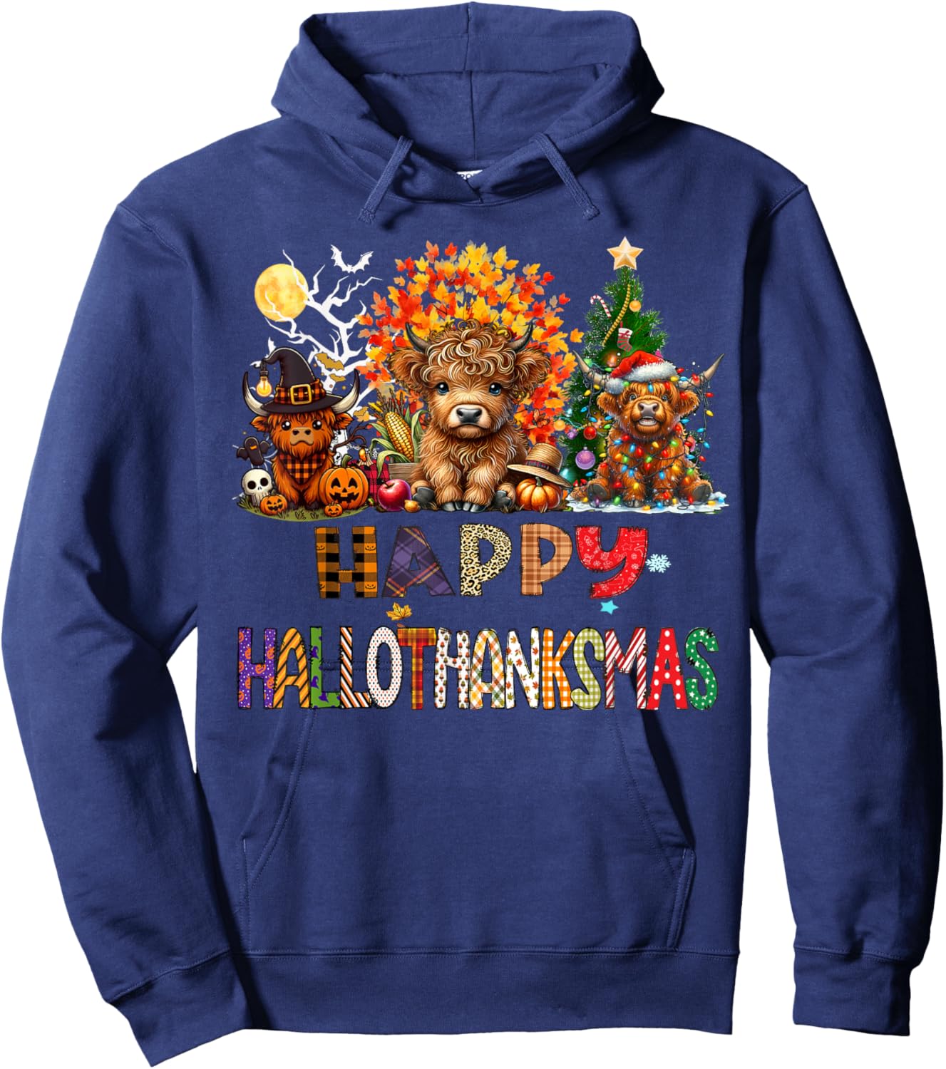 Happy Halloween Thanksgiving Christmas Highland Cow Holiday Hoodie - Hoodie | Navy
