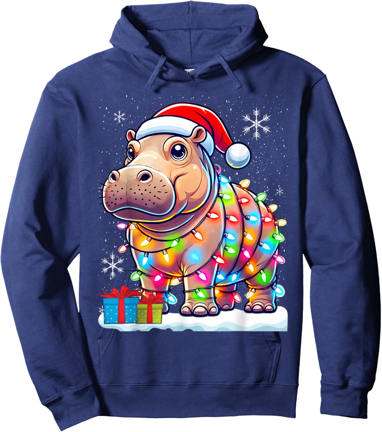 Hippo Lover Gift Co. Christmas Lights Fiona -Adults & Kids , Black, Small, Short Sleeve Hoodie - Hoodie | Navy