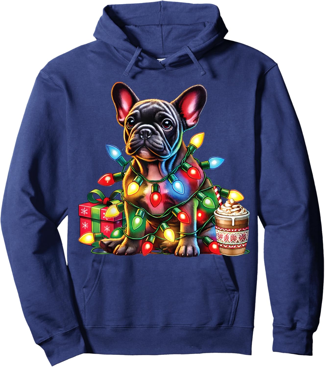 French bulldog Lovers Xmas Reindeer Antlers Christmas Lights Men Women Kids Hoodie - Hoodie | Navy
