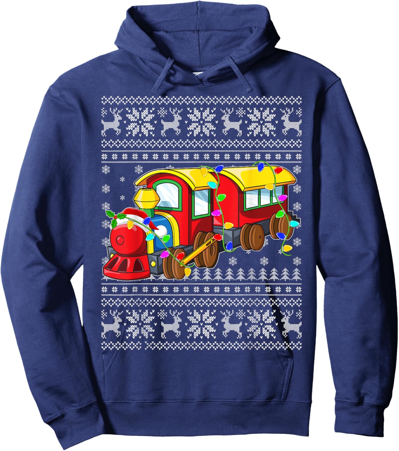 Ugly Sweater Xmas Lights Santa Hat Train Christmas Hoodie - Hoodie | Navy