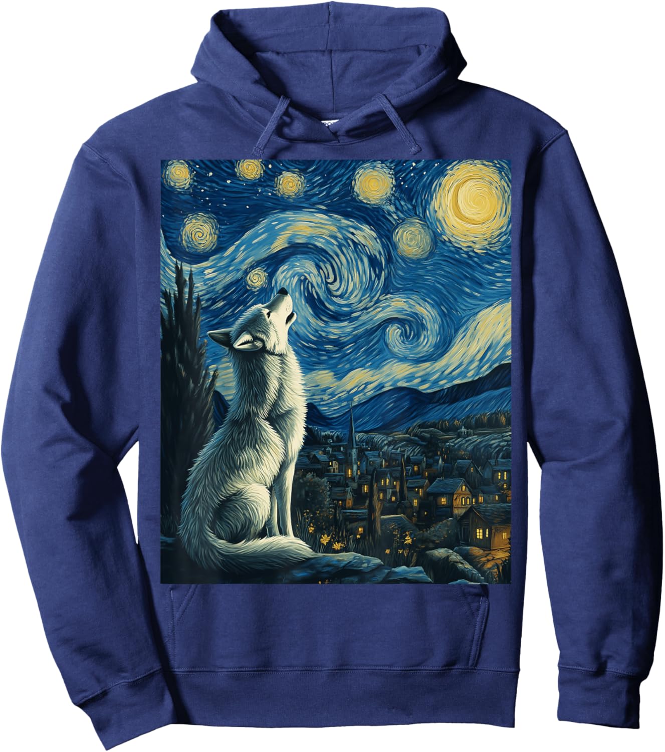 Wolf Starry Night Van Gogh Painting Art Wolves Lovers Hoodie - Hoodie | Navy
