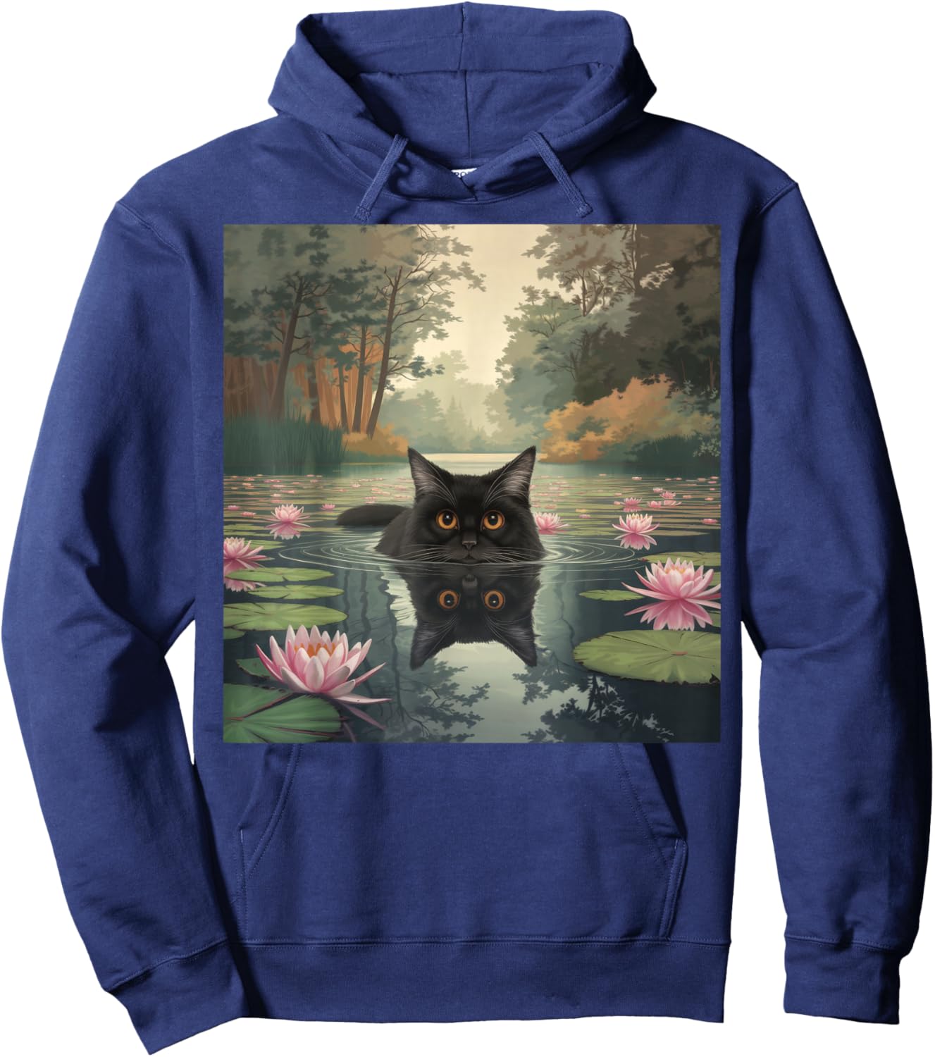 Black Cat Monets Cat Waterlily Hoodie - Hoodie | Navy