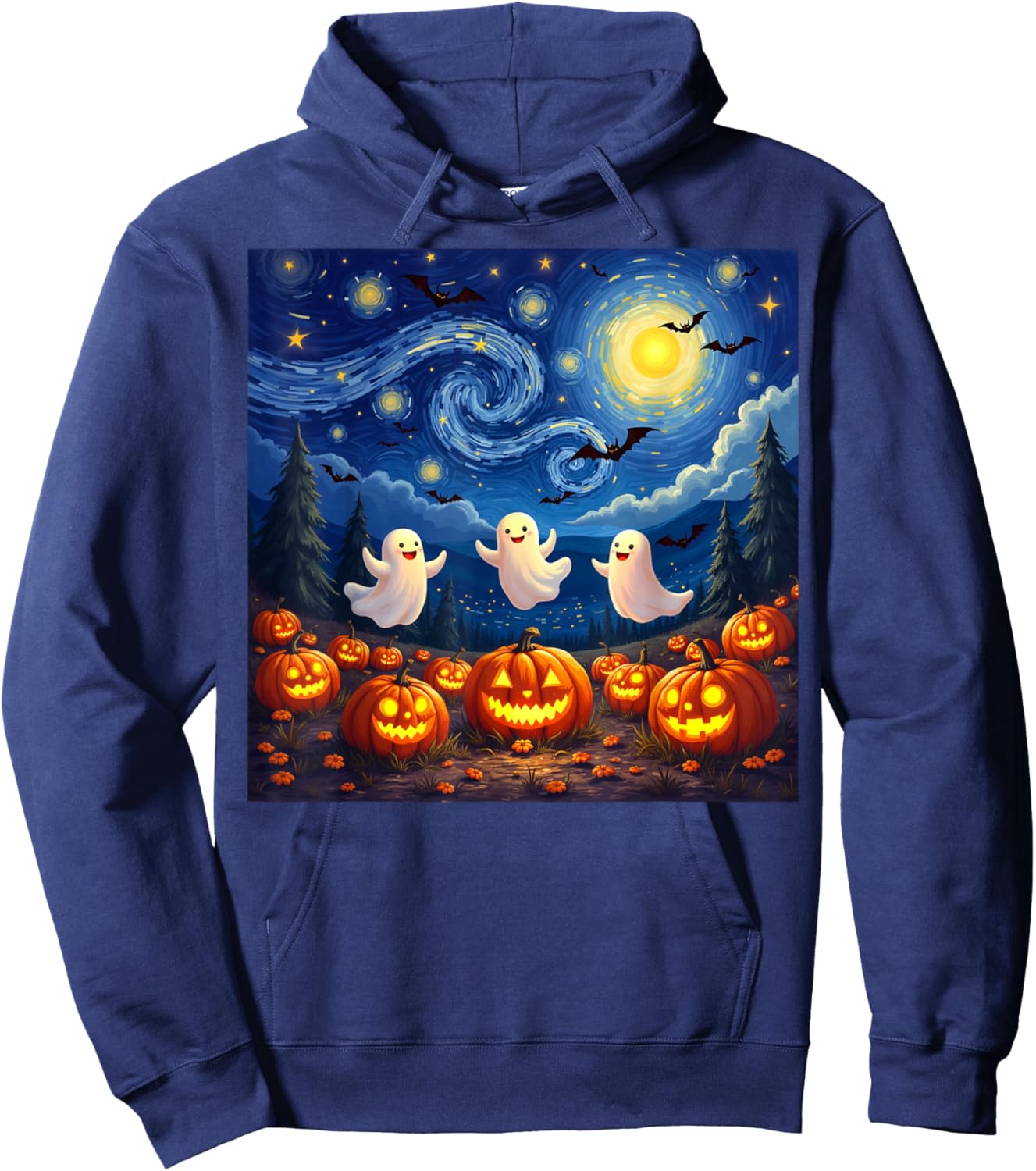 boo ghost halloween pumpkin Starry Night Van Gogh men women Hoodie - Hoodie | Navy