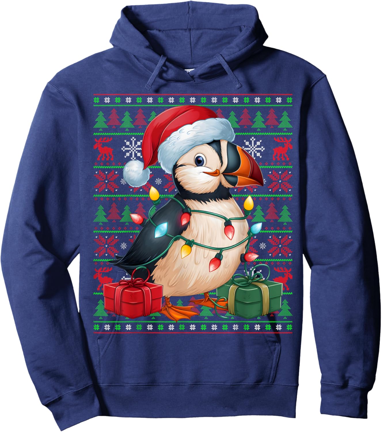 Puffin Bird Xmas Lights Ugly Santa Hat Puffin Christmas Hoodie - Hoodie | Navy