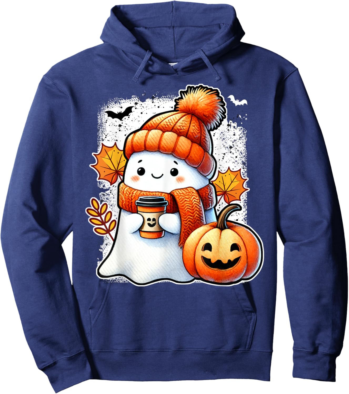 Cute Halloween Ghost Cozy Pumpkin Autumn Leaves Hoodie - Hoodie | Navy