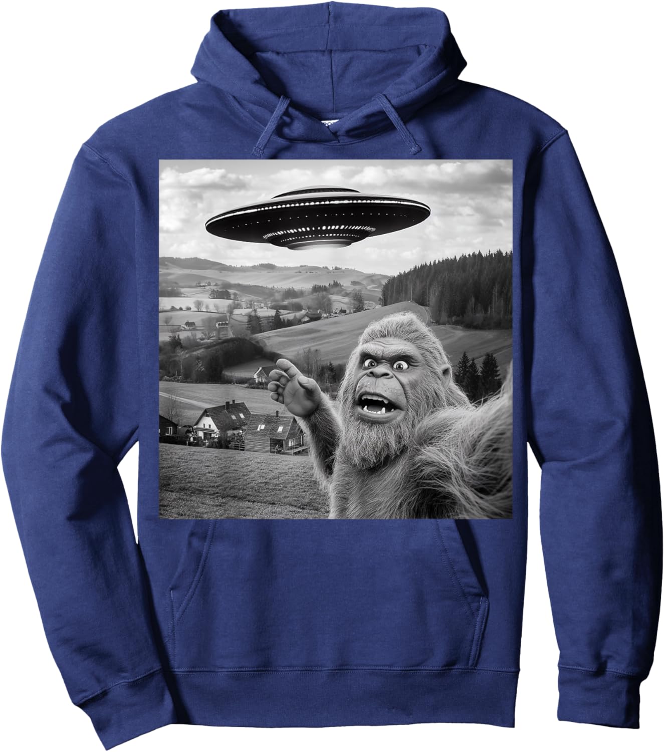 Bigfoot Selfie With Alien UFO Funny Gifts Women Kid Hoodie - Hoodie | Navy