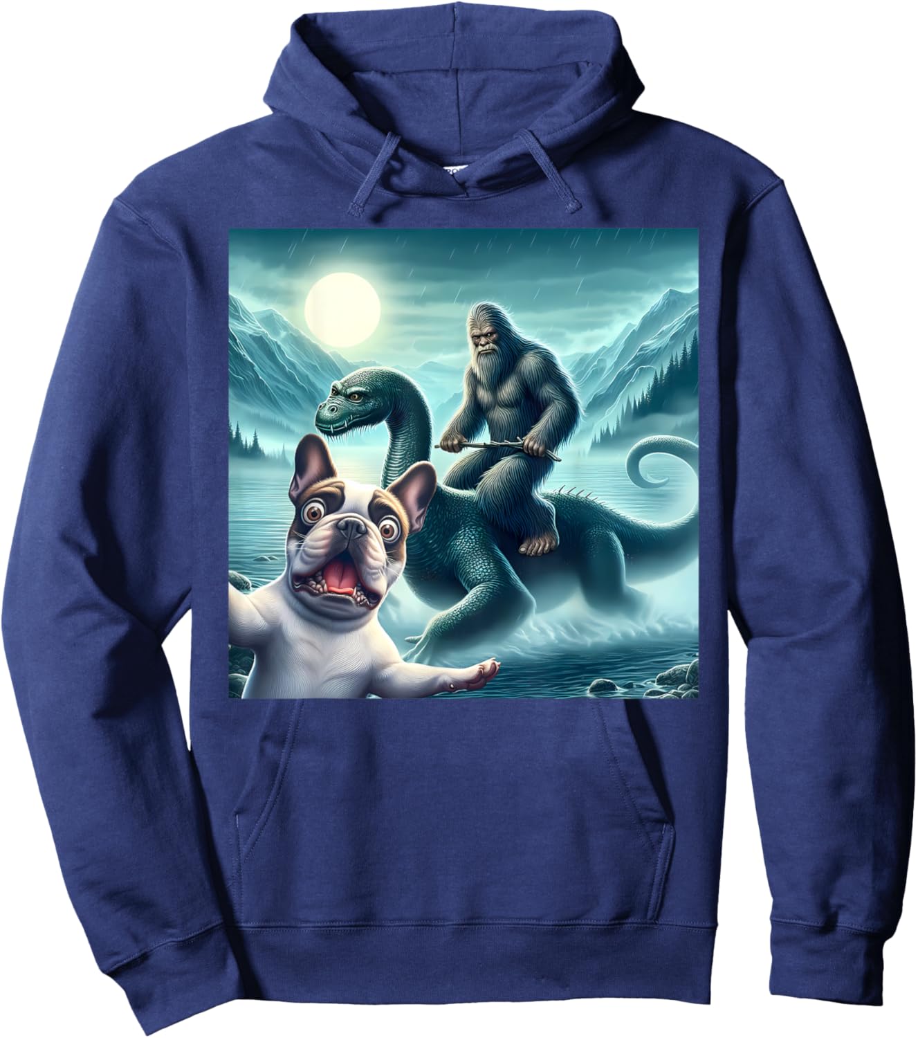 French bulldog Selfie with bigfoot riding loch Ness Hoodie - Hoodie | Navy