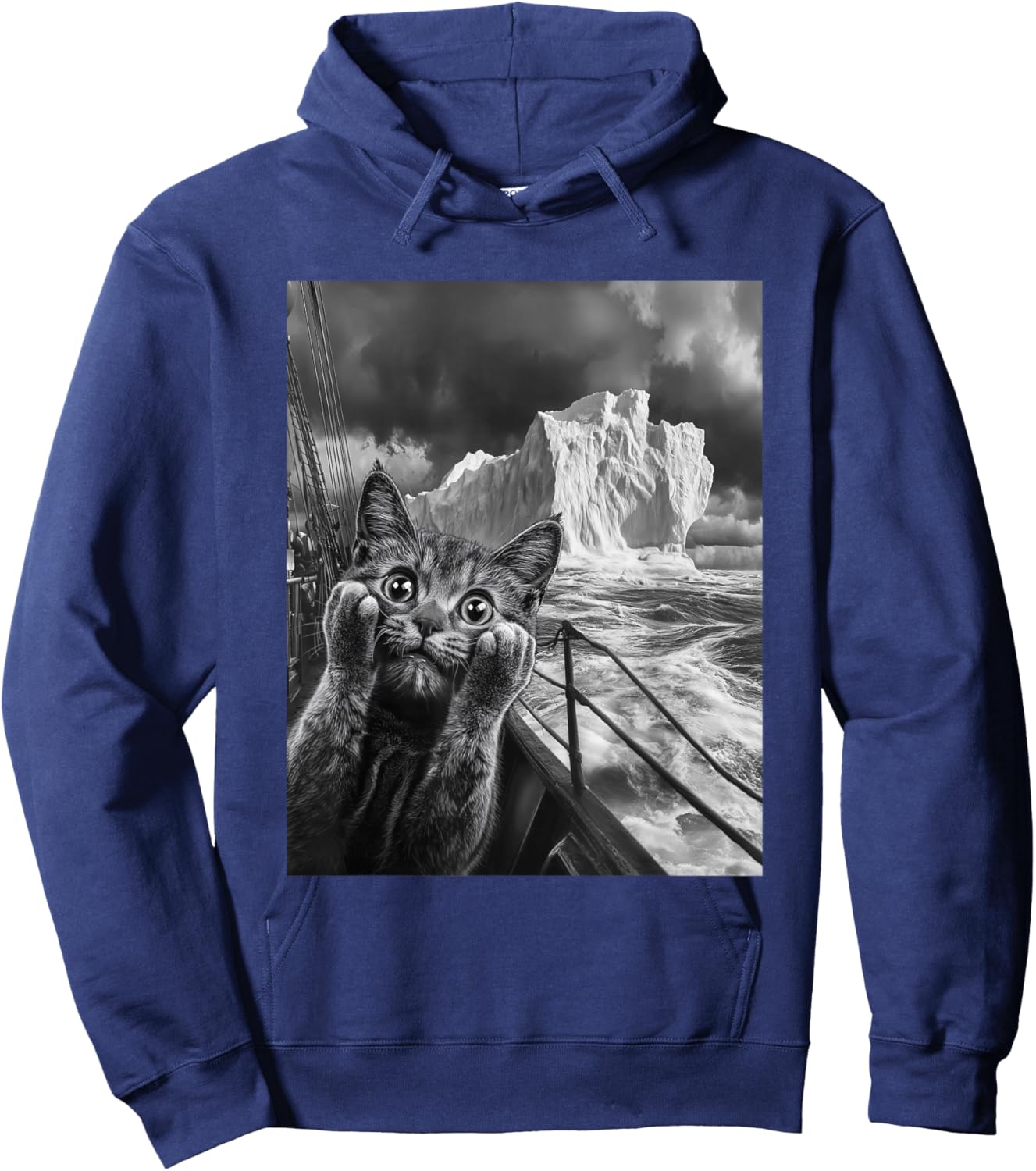 Funny Titanic Iceberg Scared Surprised Cat Selfie Hoodie - Hoodie | Navy