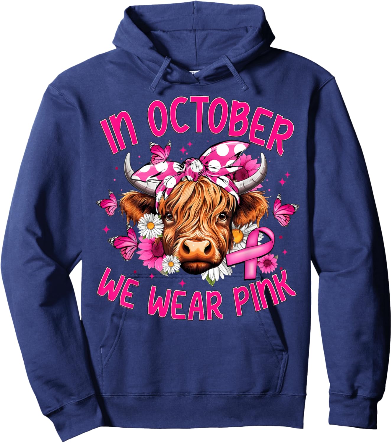 In October We Wear Pink Highland Cow Breast Cancer Awareness Hoodie - Hoodie | Navy