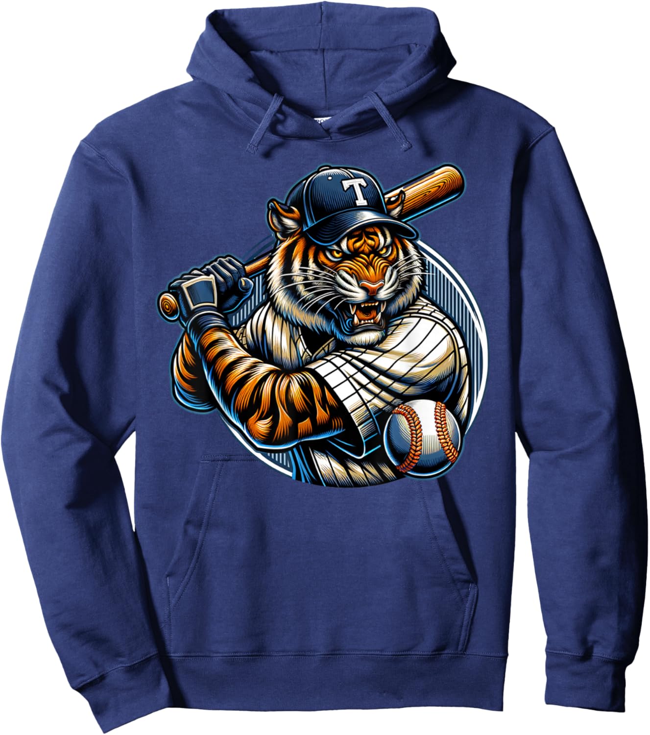 Funny Vintage Tiger Playing Baseball Cute Baseball Men Women Hoodie - Hoodie | Navy