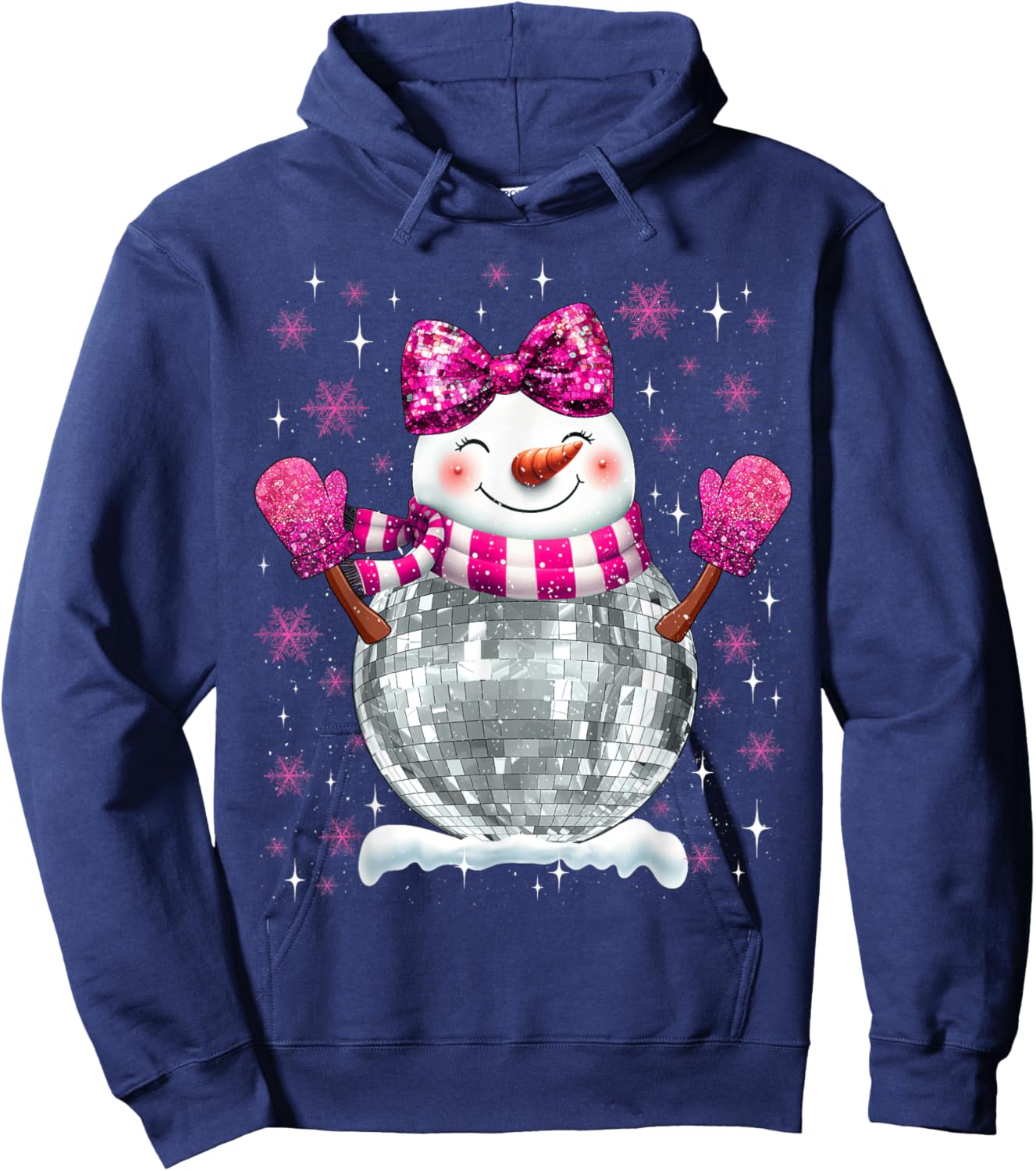 Cute Snowman Disco Ball Christmas Coquette Bow Women Girls Hoodie - Hoodie | Navy
