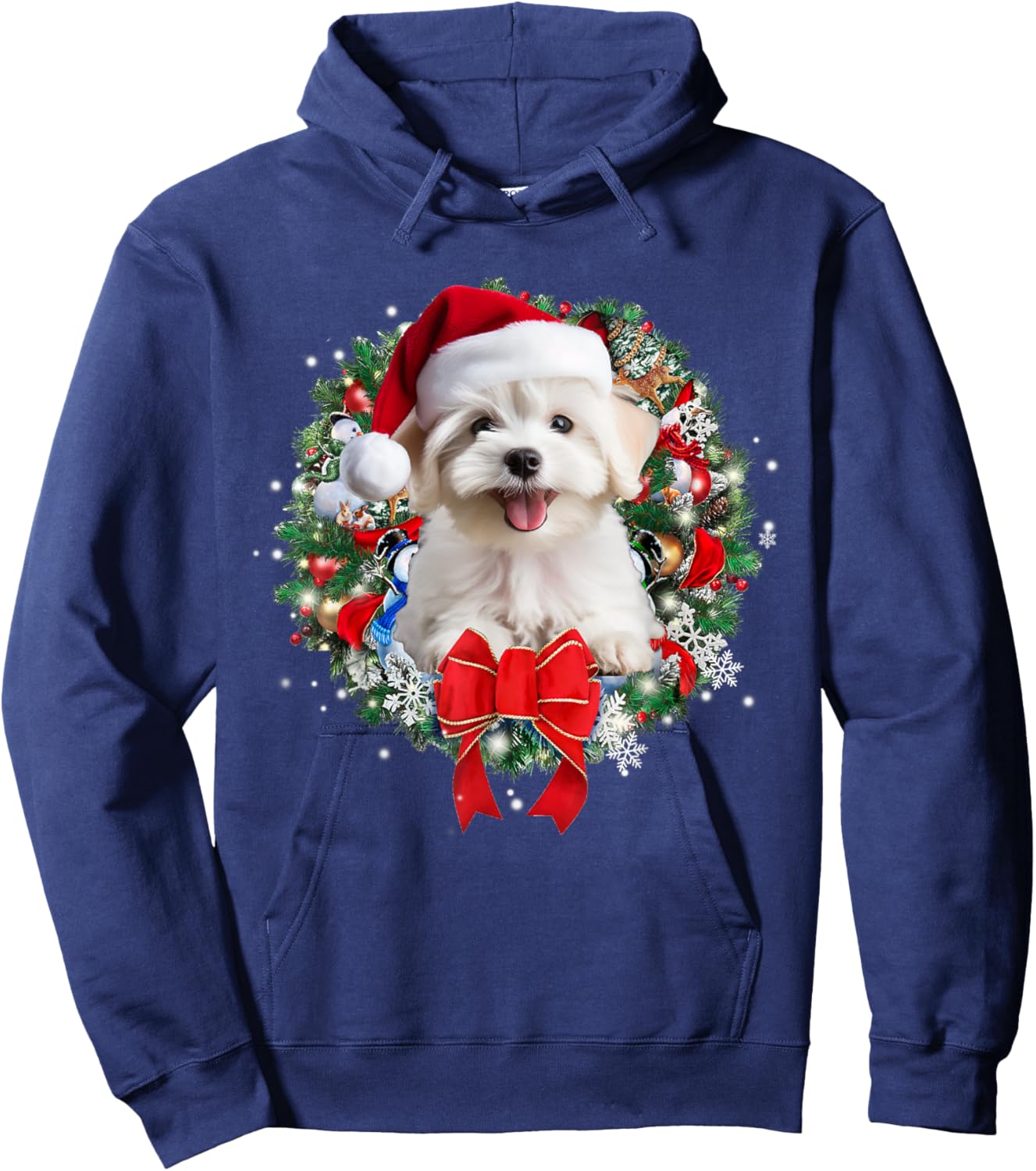 Maltese Christmas Wreath Decoration Xmas Pajamas Hoodie - Hoodie | Navy
