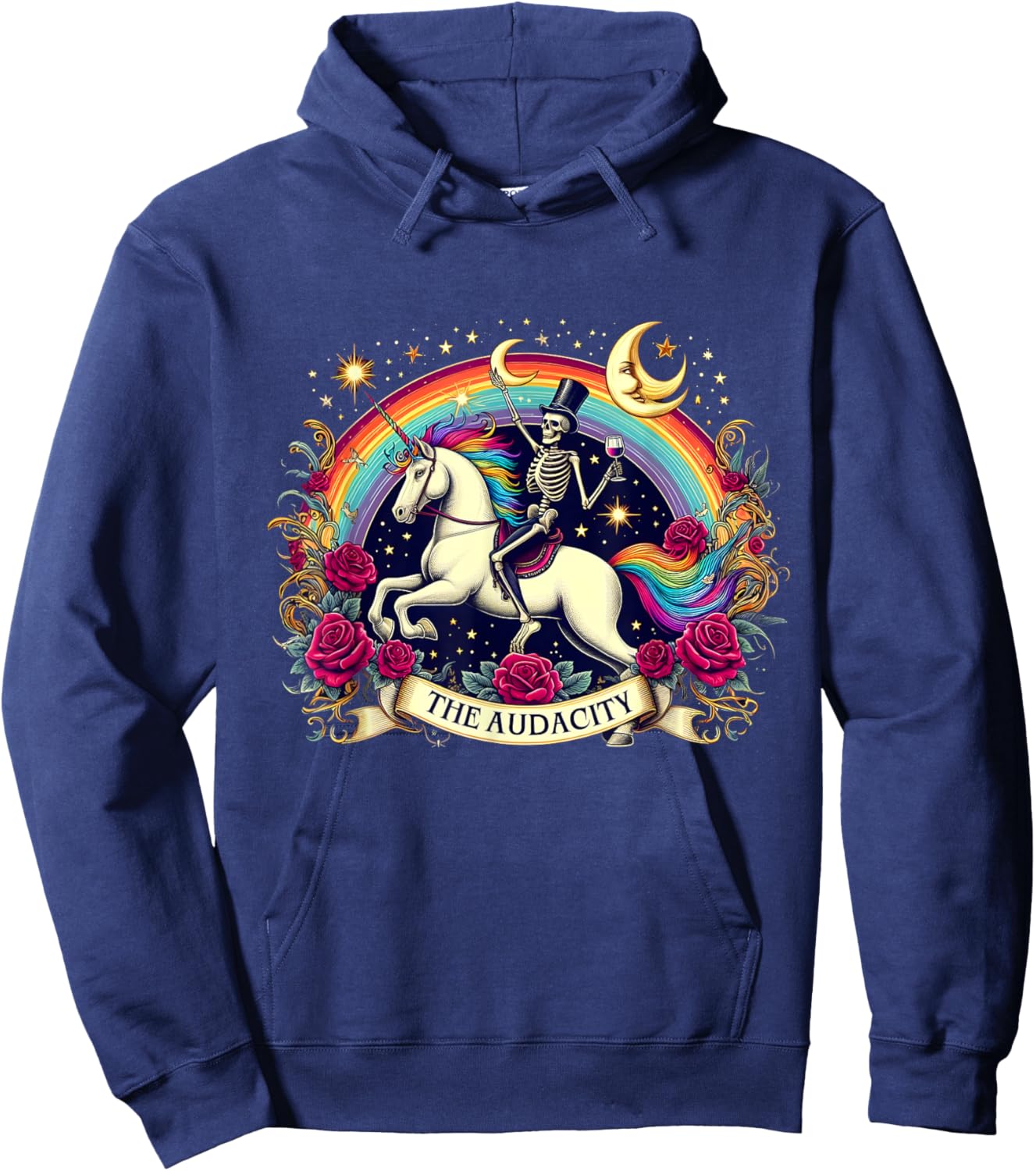 The Audacity Skeleton Unicorn Graphic Flowers Hoodie - Hoodie | Navy