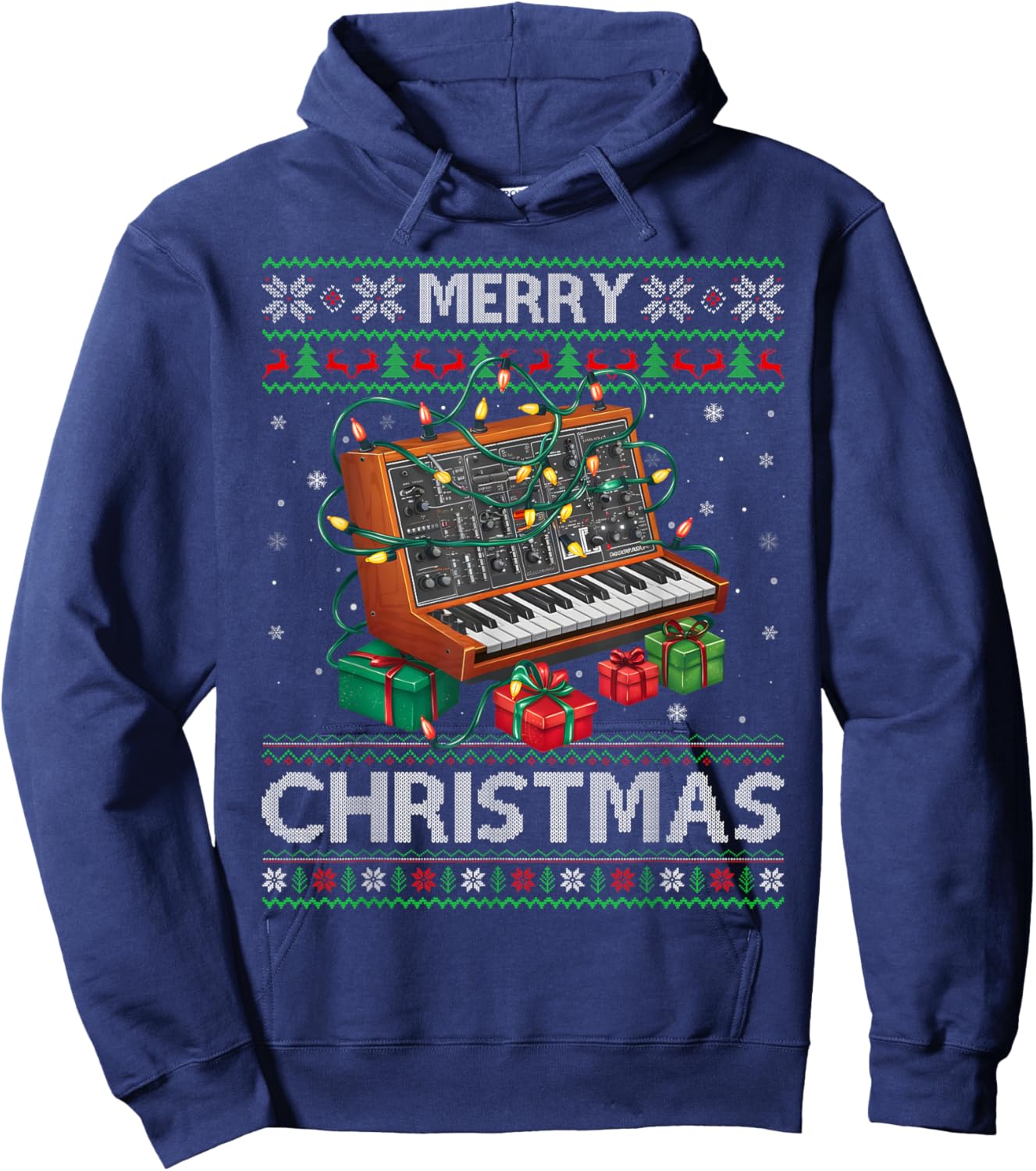 Ugly Xmas Sweater Style Musical Synthesizer Christmas Hoodie - Hoodie | Navy