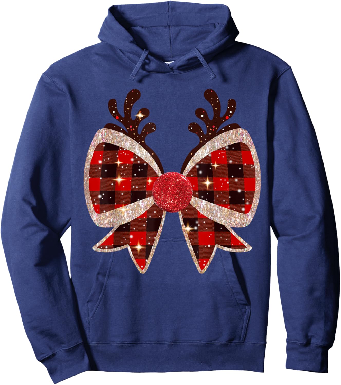 Christmas Coquette Bow Christmas Reindeer Bow Red Plaid Xmas Hoodie - Hoodie | Navy