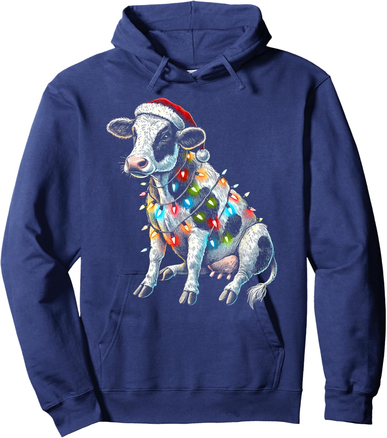Funny Cow Farmer Small Holding Santa Hat Christmas Lights Hoodie - Hoodie | Navy