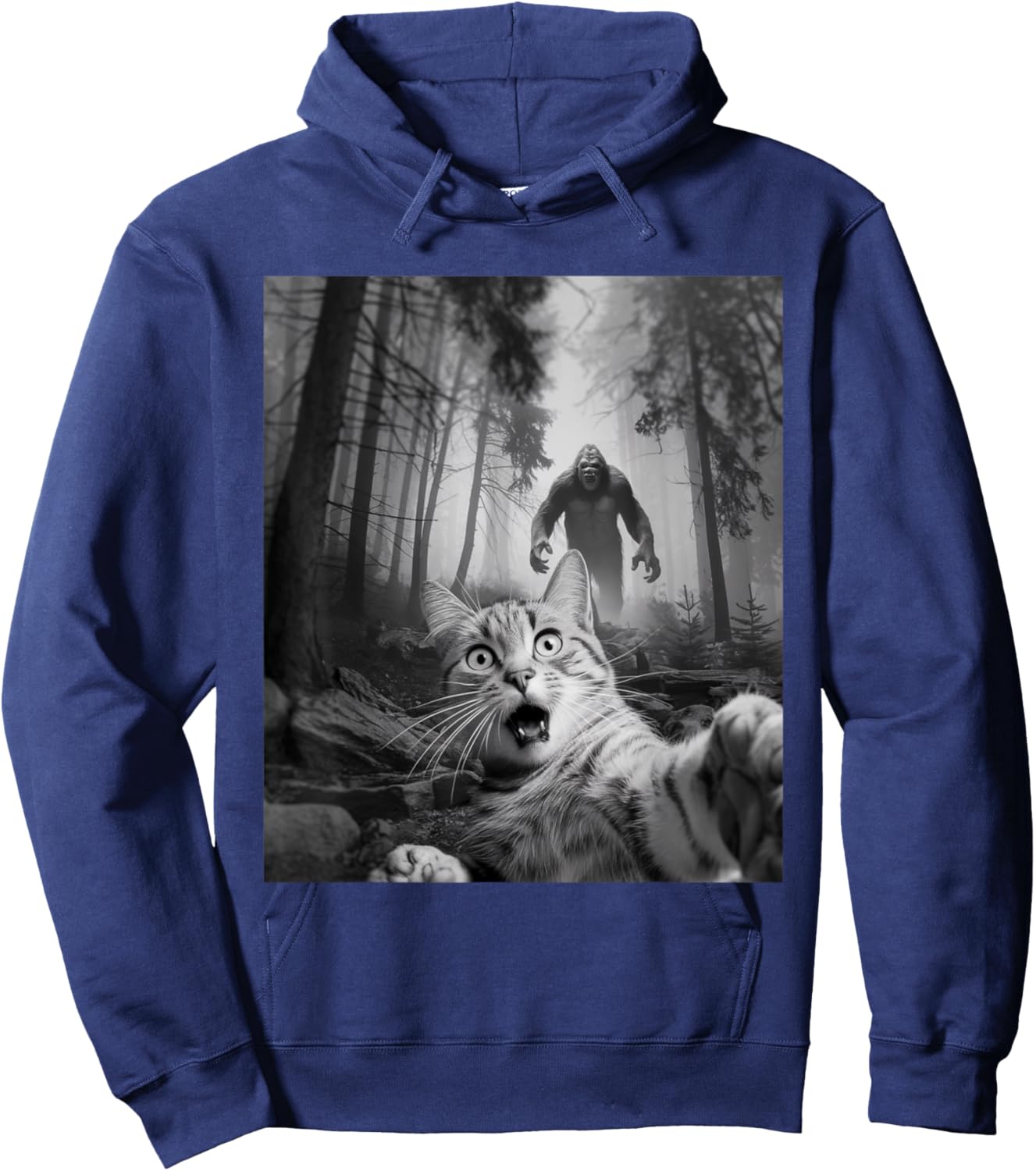 Funny Surprised Scared Cat Selfie With Sasquatsch Bigfoot Women Girls Kids Hoodie - Hoodie | Navy
