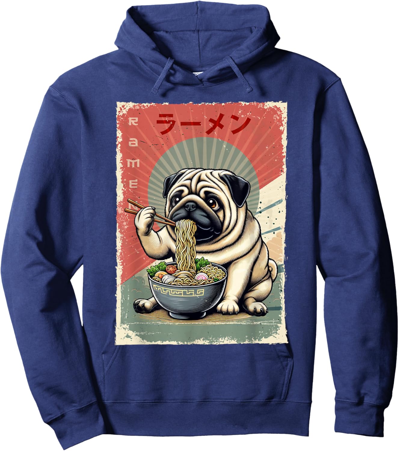 Pug Dog Eating Ramen Japanese Noodles Soup -Adults, -Kids Black Small Classic Fit Short Sleeve Hoodie - Hoodie | Navy