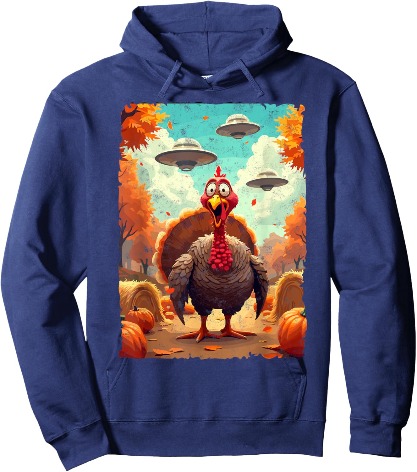 Autumn Fall Season Funny Turkey & UFO Thanksgiving Day Alien Believer Hoodie - Hoodie | Navy