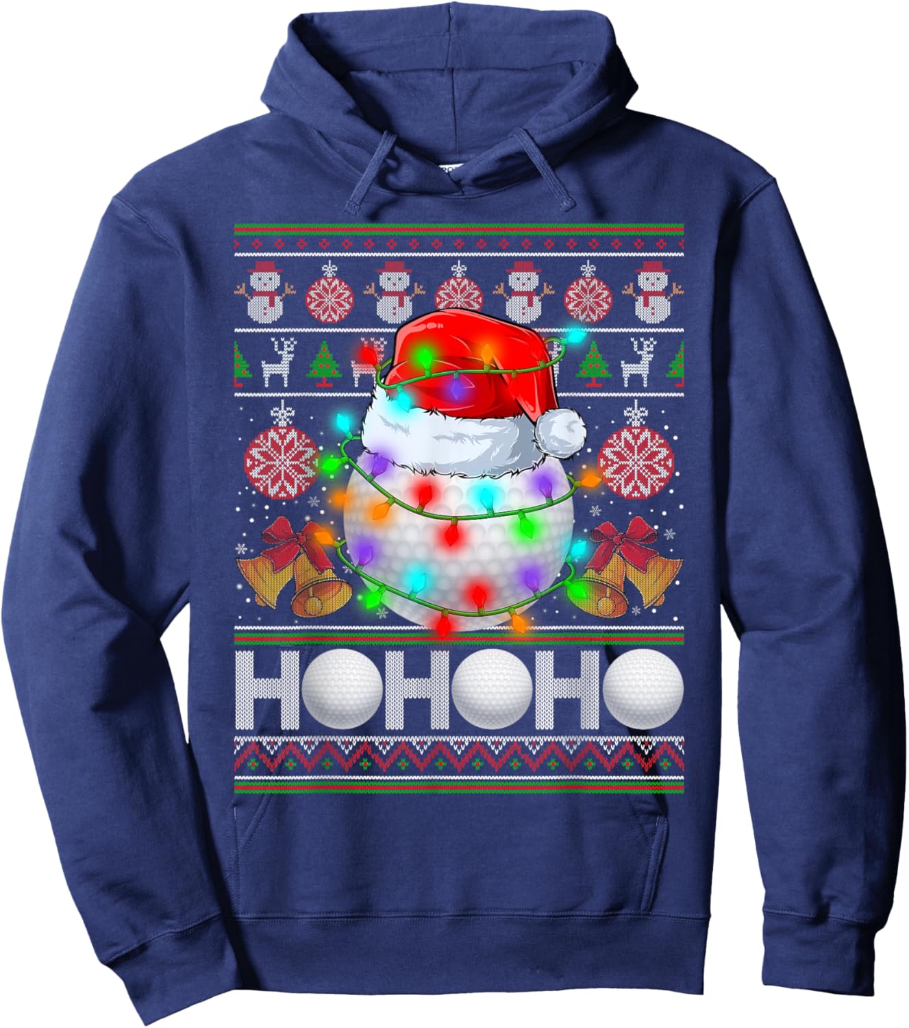 Santa Claus Golf Ball Xmas Tree Light Ugly Christmas Sweater Hoodie - Hoodie | Navy