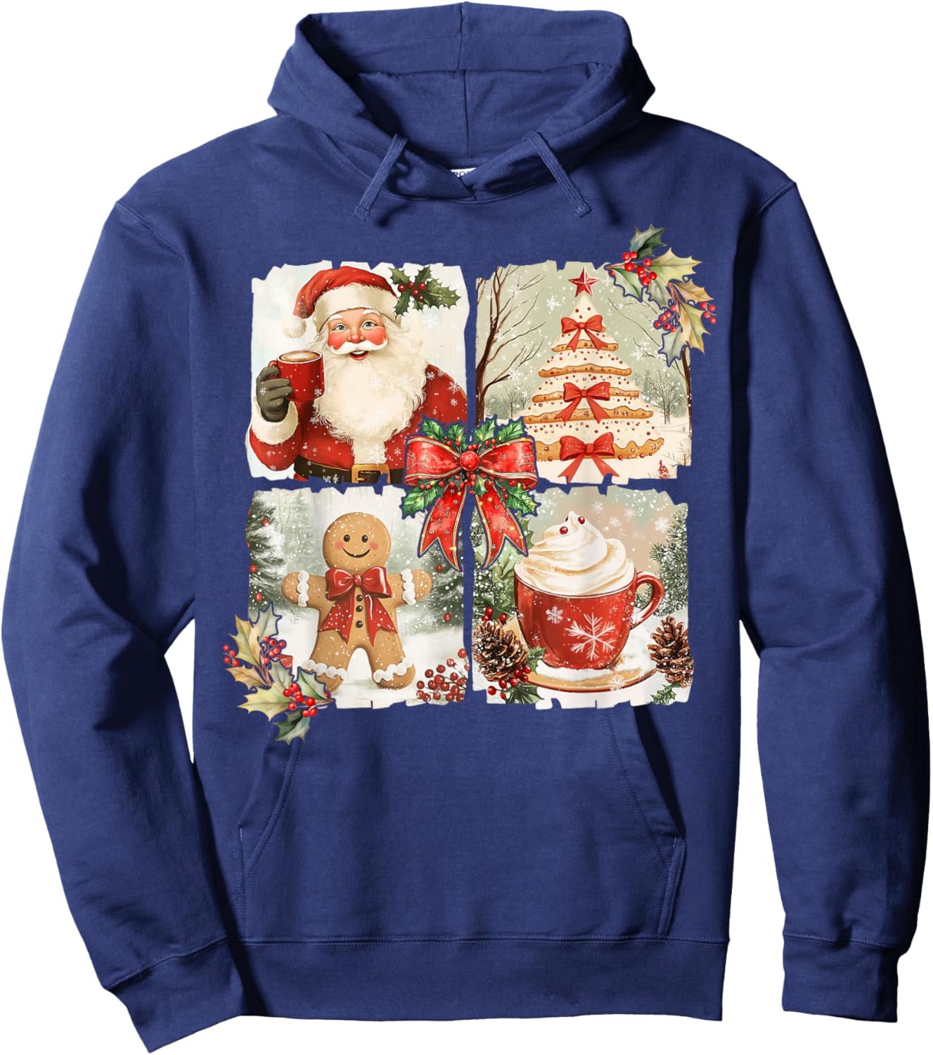 Vintage Coquette Bow Santa Gingerbread Christmas Tree Xmas Hoodie - Hoodie | Navy