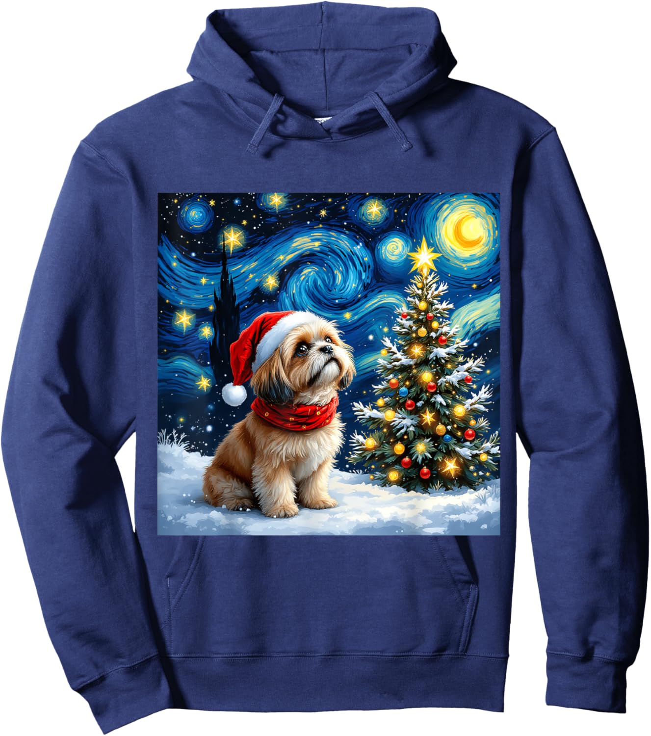 Shih Tzu Starry Night Christmas Van Gogh Dog Santa Hat Hoodie - Hoodie | Navy