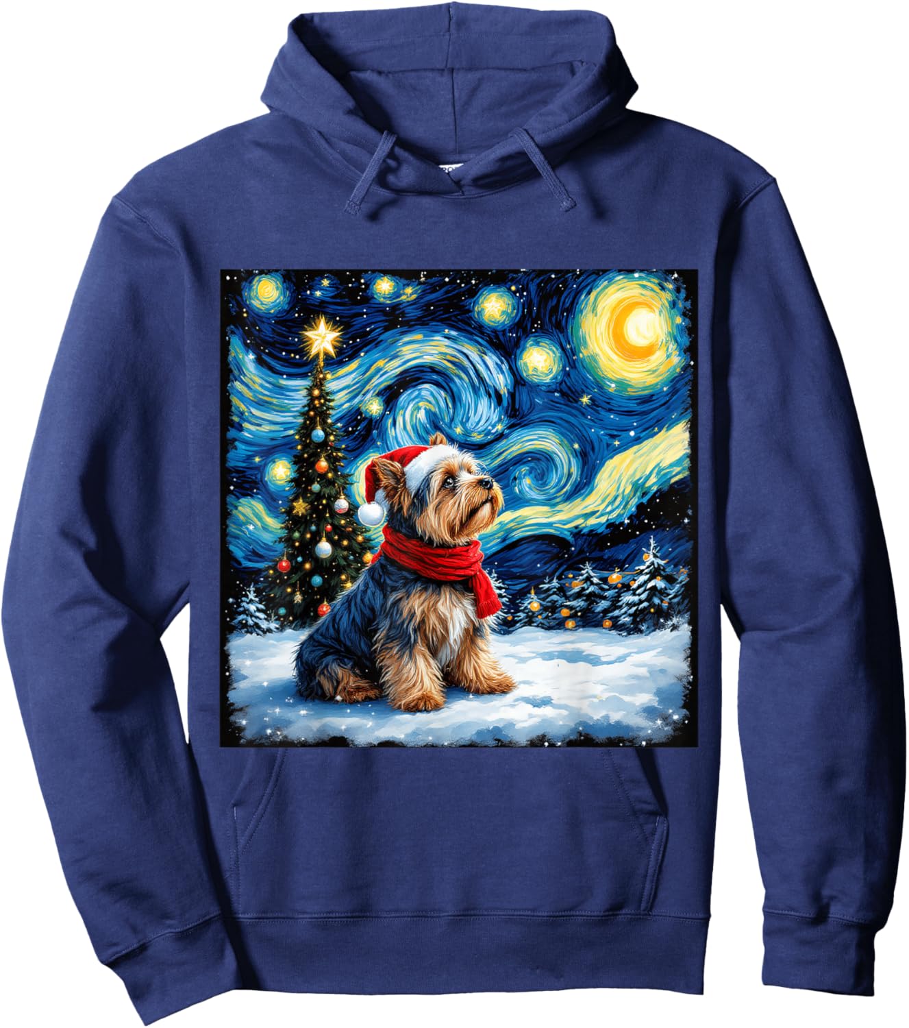 Yorkshire Terrier Starry Night Christmas Van Gogh Dog Santa Hoodie - Hoodie | Navy