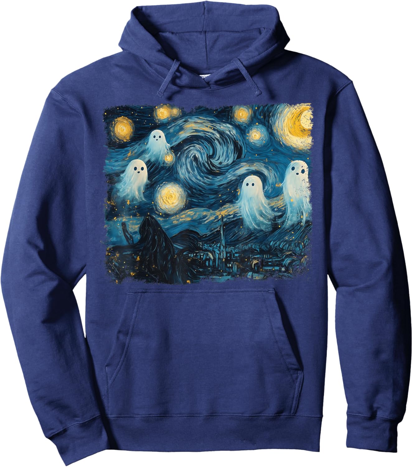 Cute Ghost Starry Night Halloween Spooky Retro Van Gogh Art Hoodie - Hoodie | Navy
