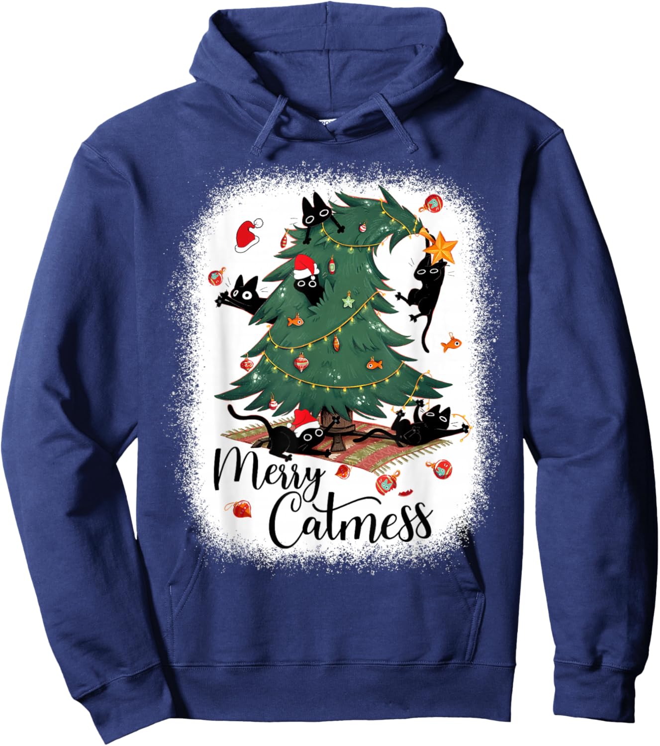 Funny Cats Christmas Tree Merry Catmess Black Cat Kittens Hoodie - Hoodie | Navy