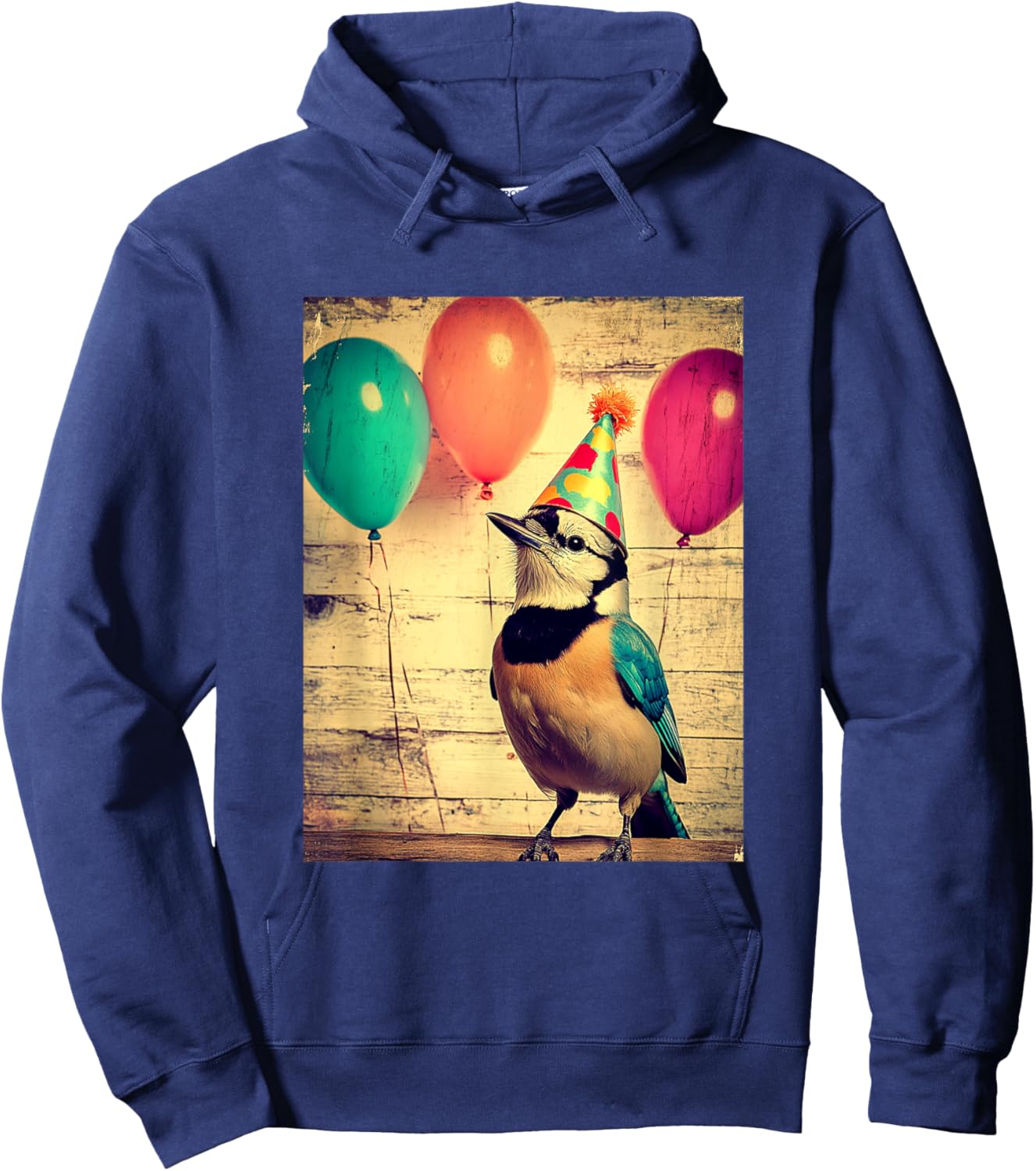 Blue Jay Retro Art Print Birthday Party Balloons & Party Hat Hoodie - Hoodie | Navy