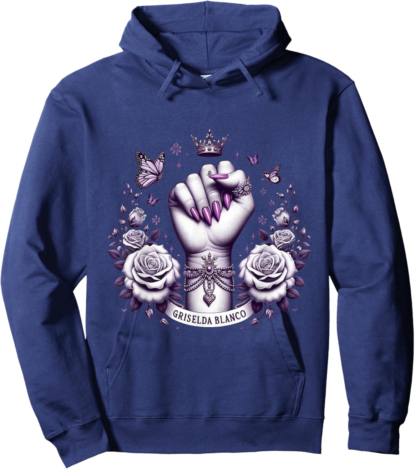 Griselda Blanco Crown Fist With Roses and Butterflies Hoodie - Hoodie | Navy