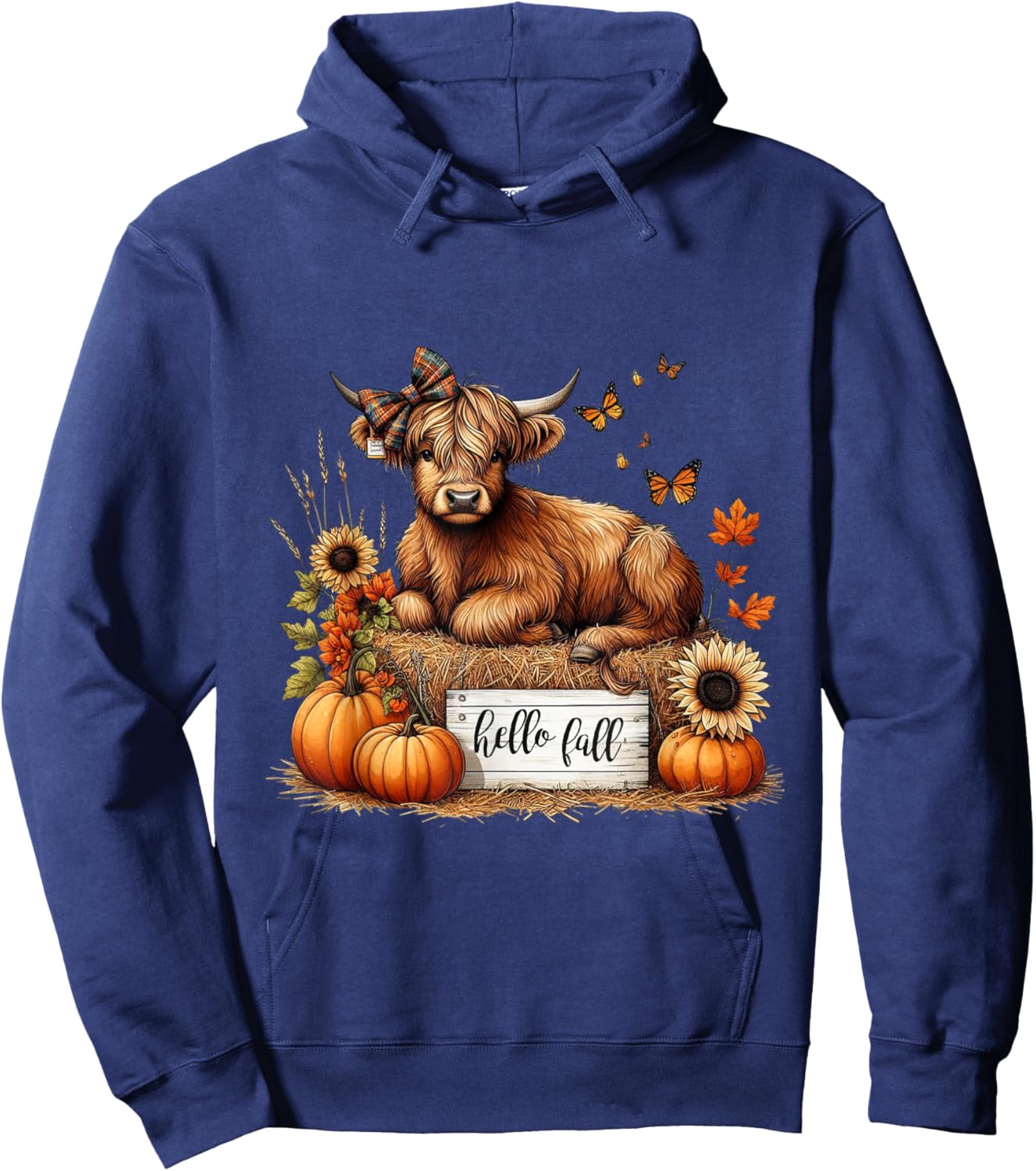 Hello Fall Pumkin Highland Cow Fall Autumn Thanksgiving Hoodie - Hoodie | Navy