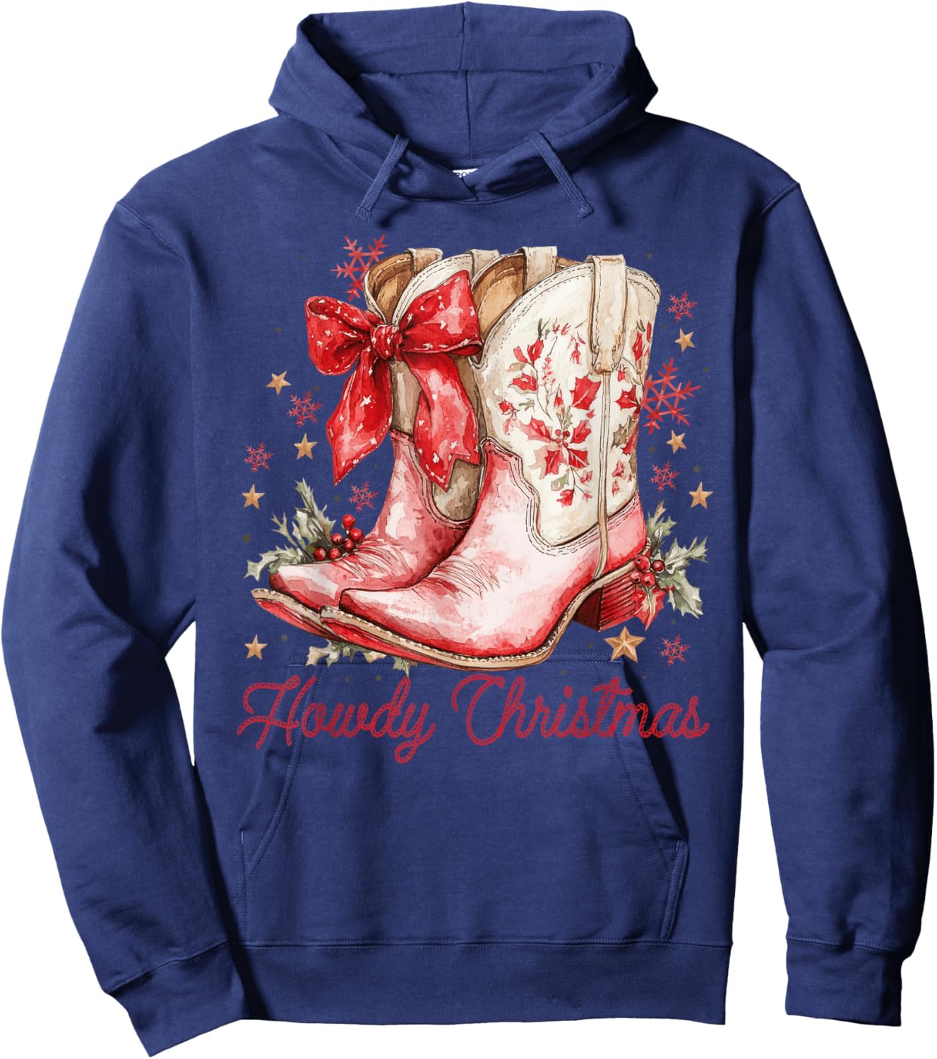Western Howdy Christmas Cowgirl Boot Coquette Bow Christmas Hoodie - Hoodie | Navy