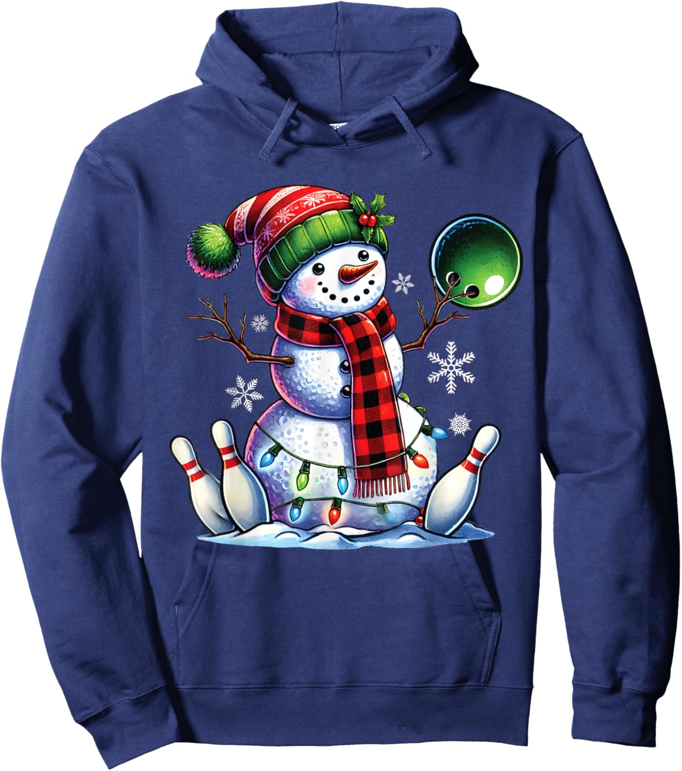 Xmas Snowman Playing Bowling ball and pins Christmas bowling Hoodie - Hoodie | Navy