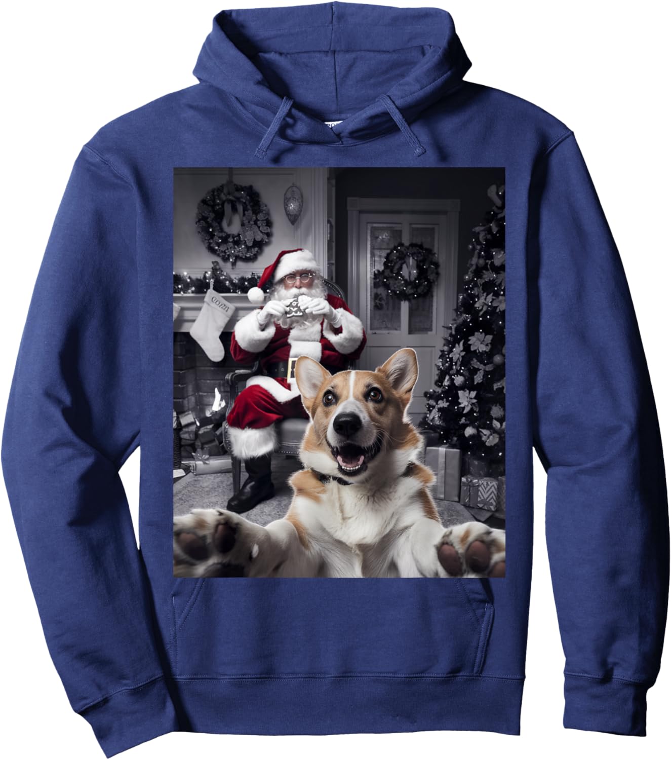 Christmas Funny Corgi Dog Selfie with Santa Claus Holiday Hoodie - Hoodie | Navy