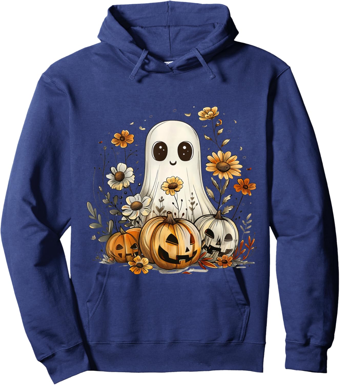 Cute Boho Flower Ghost Pumpkin Halloween Party Ghost Costume Hoodie - Hoodie | Navy