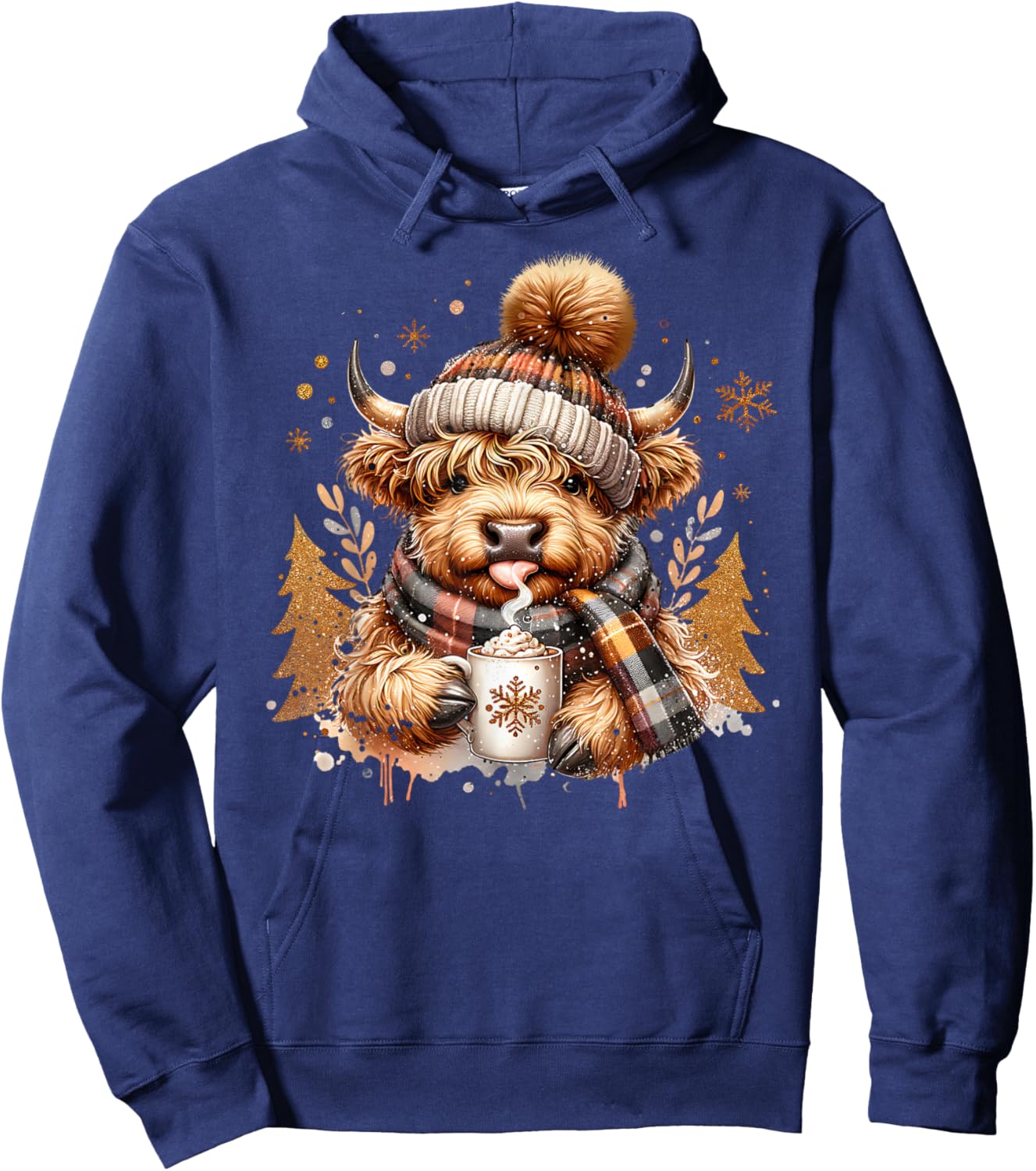 Cute Highland Cow Drinking Coffee Latte Winter Christmas Hoodie - Hoodie | Navy