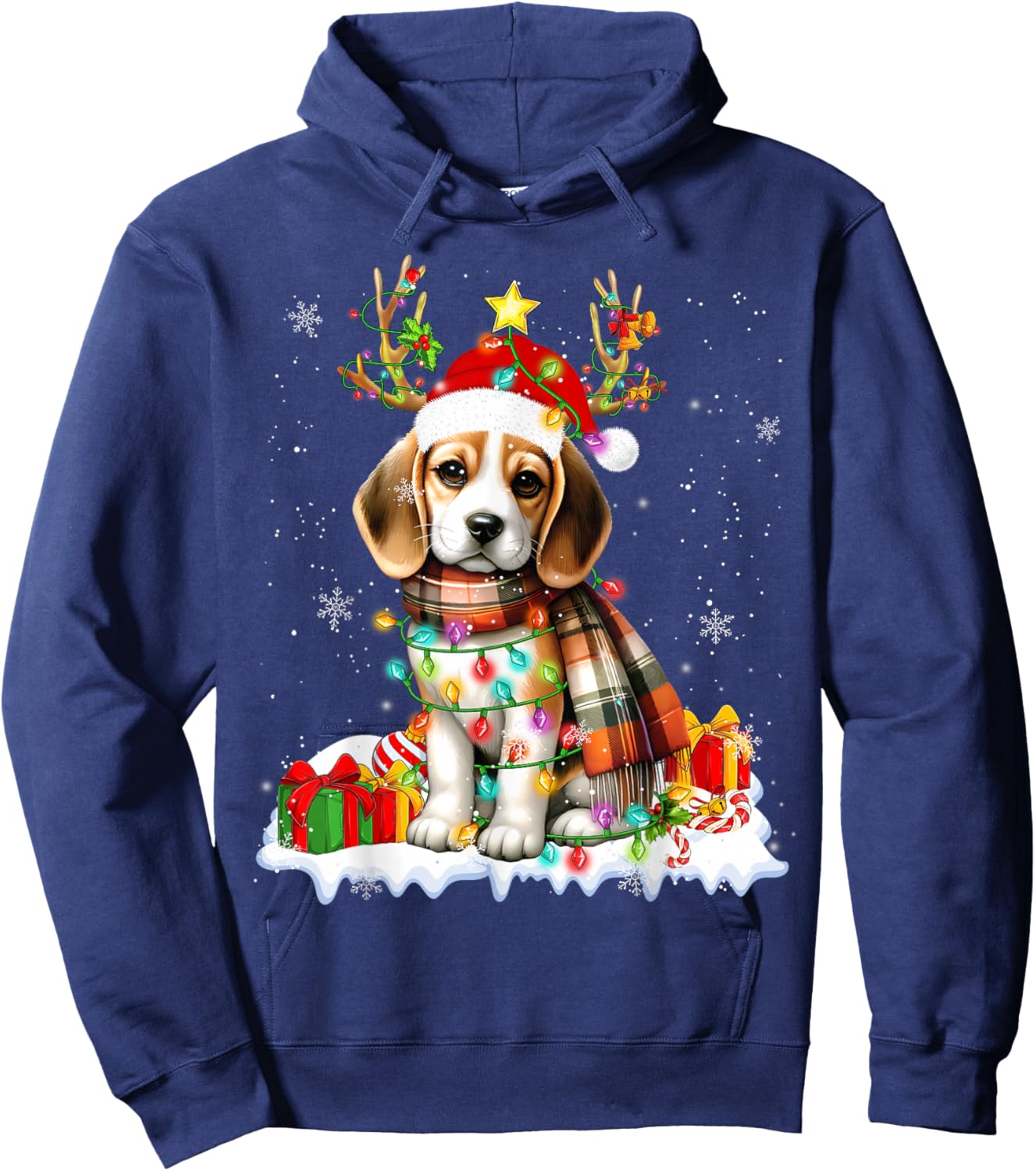 Santa Beagle Christmas Lights Funny Reindeer Dog Xmas 2026 Hoodie - Hoodie | Navy
