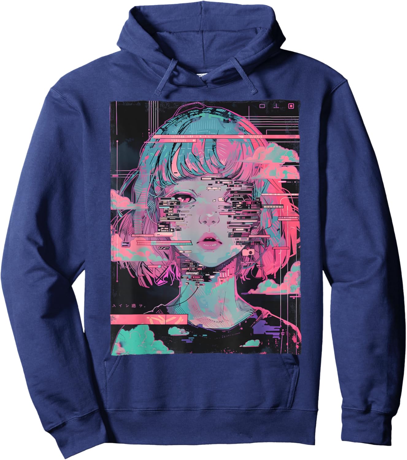 Anime Girl Vaporwave Glitch Cyber Goth E-Girl Distressed Hoodie - Hoodie | Navy