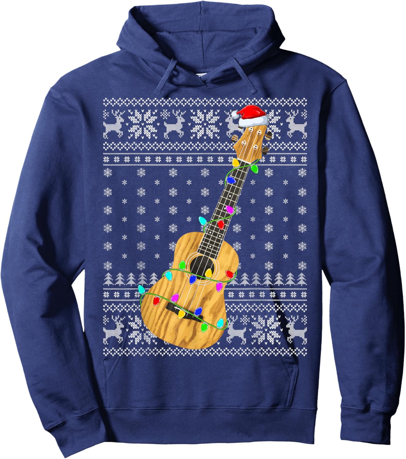 Ugly Sweater Xmas Lights Santa Hat Musical Ukulele Christmas Hoodie - Hoodie | Navy
