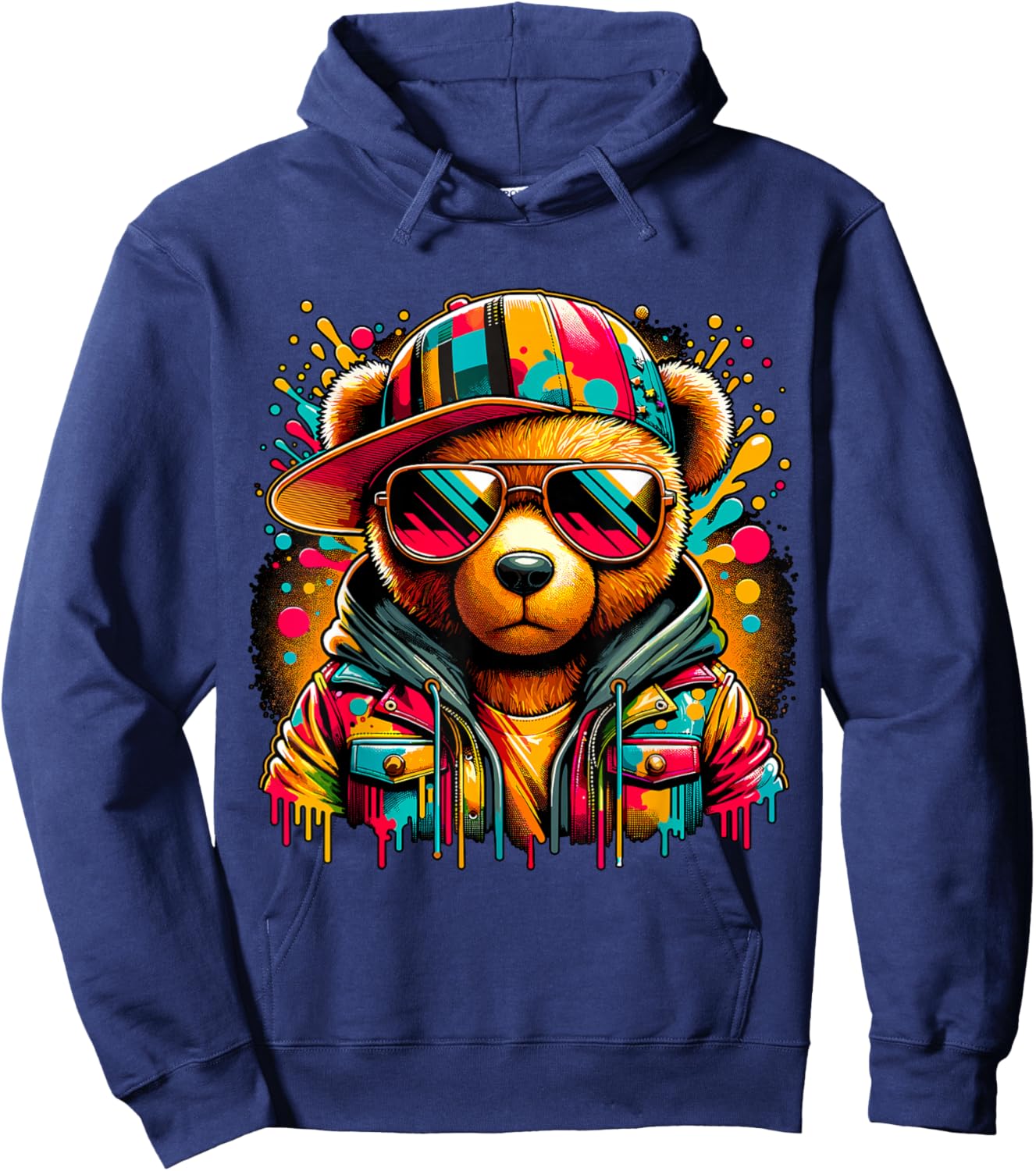 Colorful Hip Hop Teddy Bear with Sunglasses Rap Music Hoodie - Hoodie | Navy