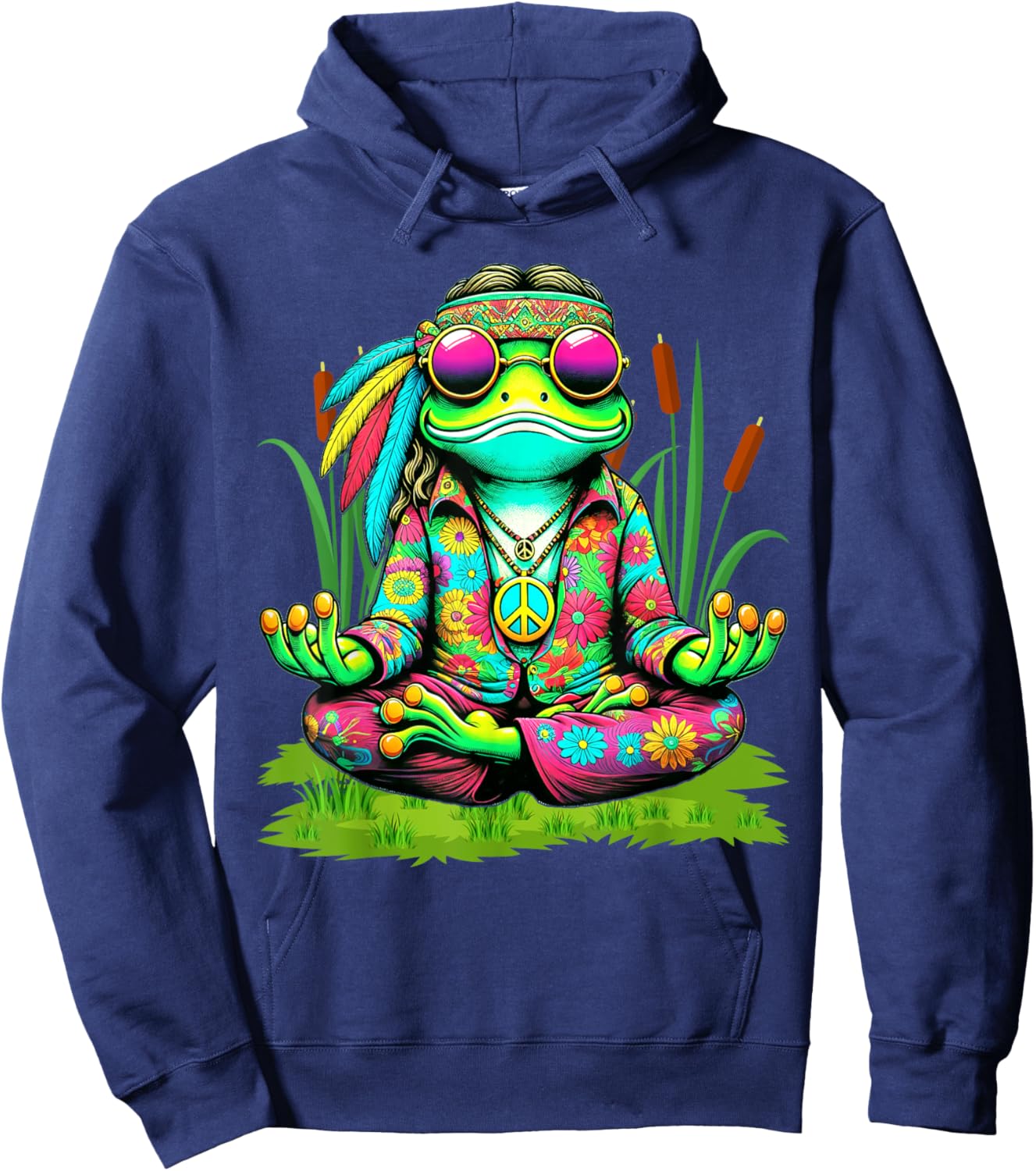 Frog Peace Sign Sunglasses Hippie Hoodie - Hoodie | Navy