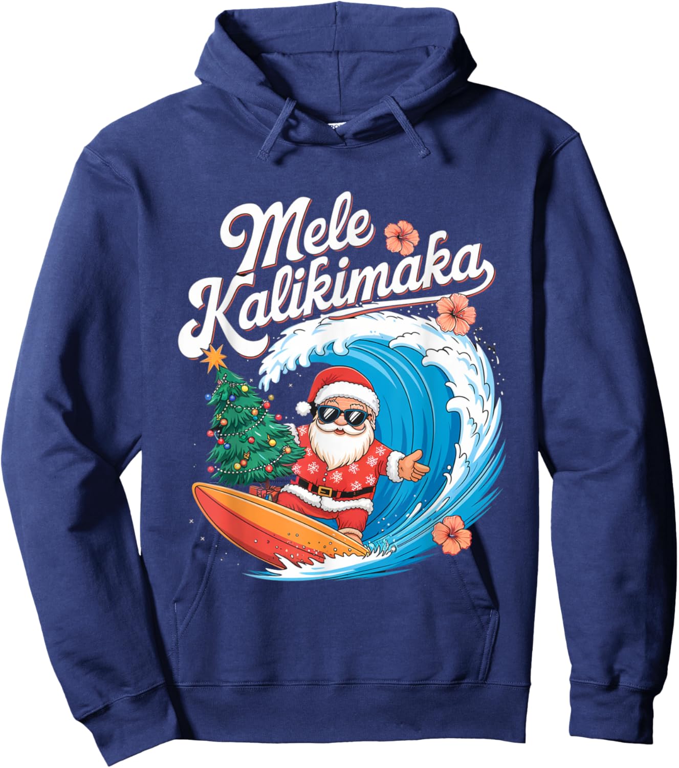Vintage Cute Mele Kalikimaka Christmas Santa Surfing Costume Hoodie - Hoodie | Navy