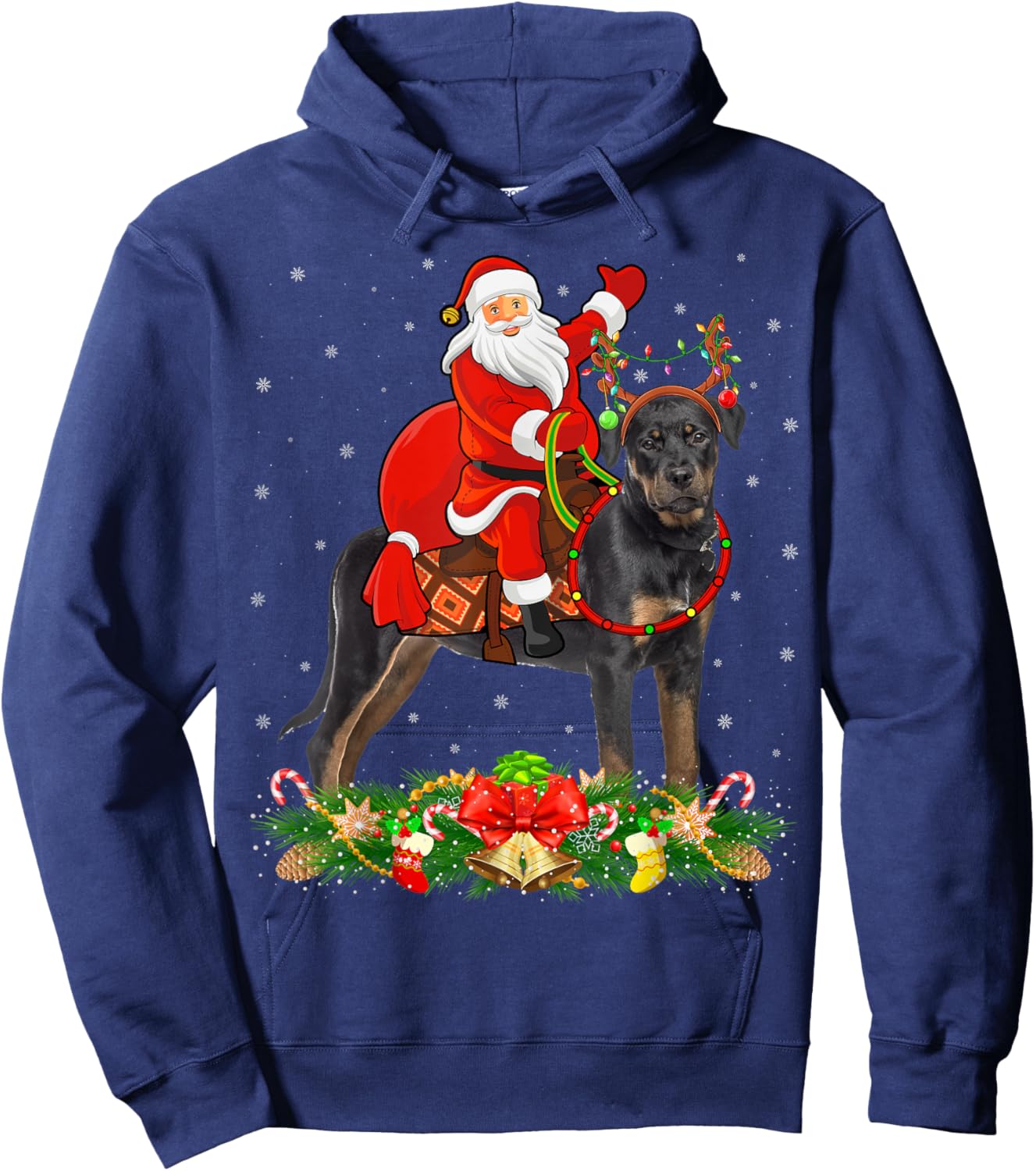 Xmas Decor Funny Santa Riding Rottweiler Dog Christmas Hoodie - Hoodie | Navy