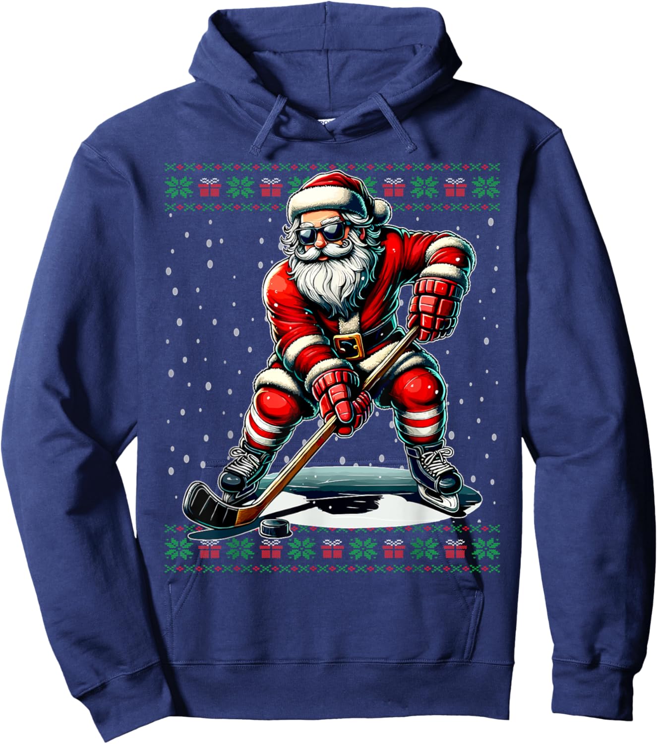 Santa Claus Playing Hockey Ugly Christmas Sweater Hoodie - Hoodie | Navy