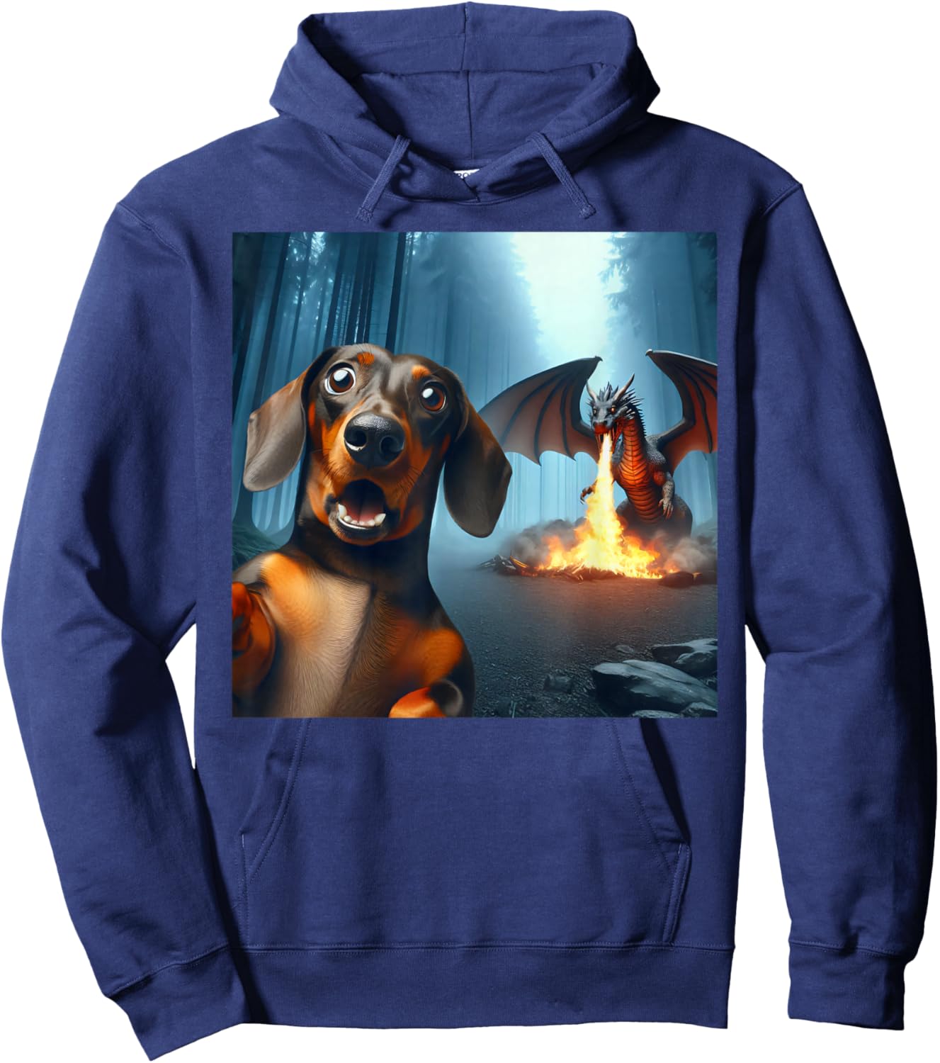 Dachshund Selfie with dragon surprised Dachshund dragon Hoodie - Hoodie | Navy