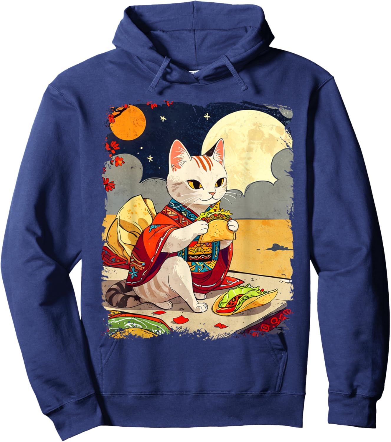 Cat Eating Tacos Funny Taco Cat Ukiyo-e Art Mexican Cat Hoodie - Hoodie | Navy