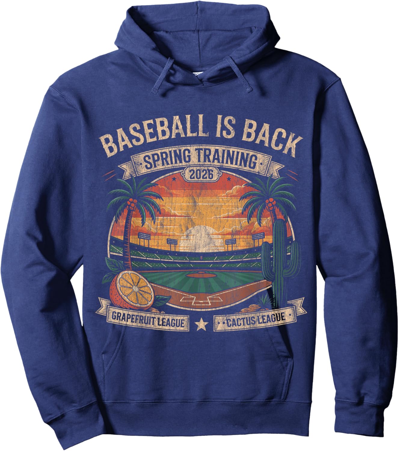 Spring Training Baseball is Back 2026 Retro Stadium Sunset T-Shirt - Hoodie | Navy